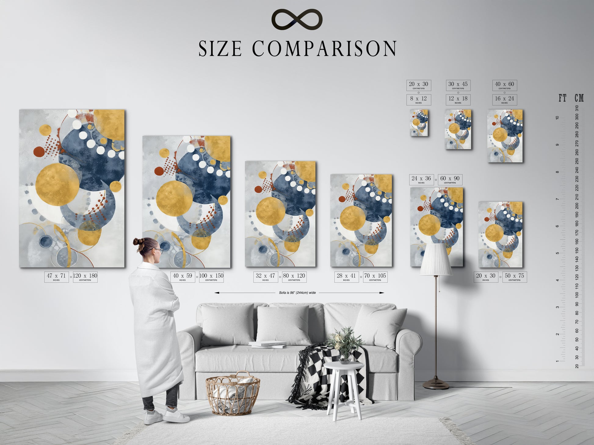 A size comparison chart shows the artwork in an interior setting. Visualize how modern abstract blue and gold circle art will look in your space. Perfect for contemporary wall decor.