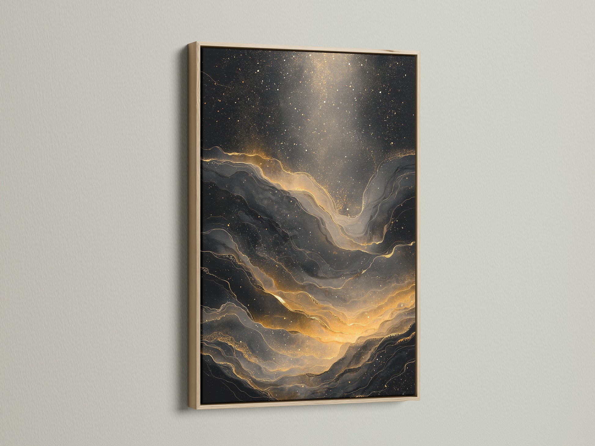 A framed artwork with an oak frame. The art features an abstract black and gold design. The frame complements the artwork. This elegant piece enhances any interior setting. The artwork adds a touch of sophistication. The natural wood grain of the oak is beautiful.
