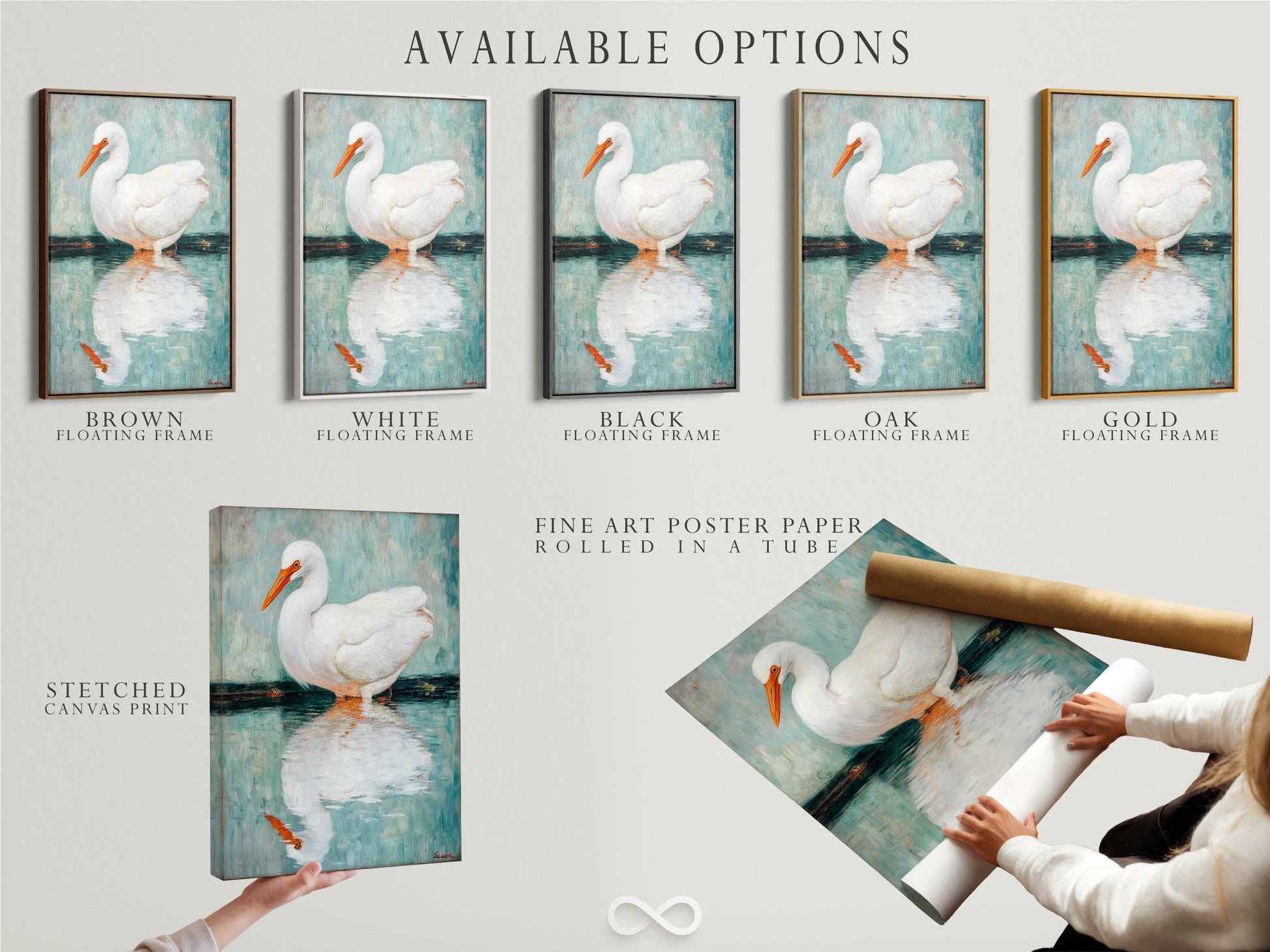 Explore available options for your Egret artwork. Choose from stretched canvas prints fine art poster paper or floating frames. This coastal bird wall art is customizable. The teal and white artwork suits any style. Find the perfect heron print for your home. Elevate your space with this versatile nature artwork.