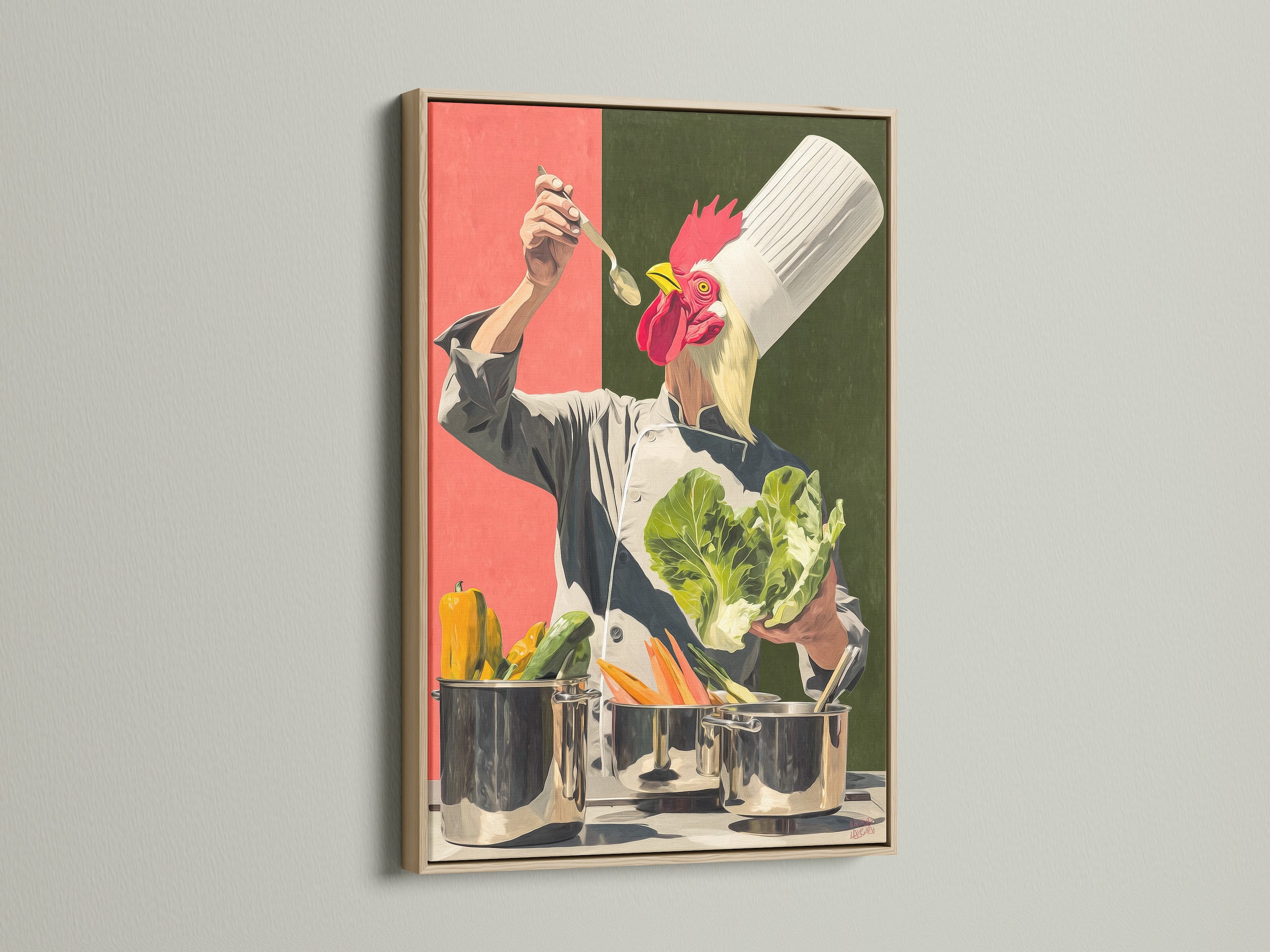 Chef Rooster artwork displayed in an oak frame. This art is perfect for adding character to your kitchen or dining area. It is a culinary canvas that brings a contemporary style. The primary color is red and the secondary color is green. It is ideal for food lovers.