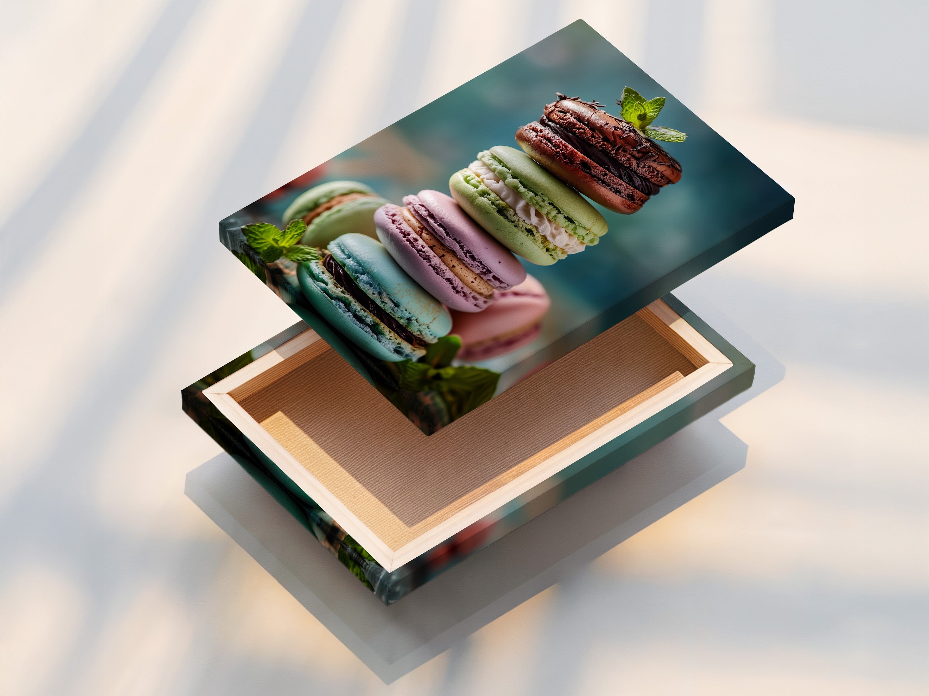 The image shows a stretched canvas print of colorful macarons. The canvas texture enhances the artwork creating a gallery-worthy piece. The artwork is ready to hang and enjoy. Experience the beauty of stretched canvas prints.