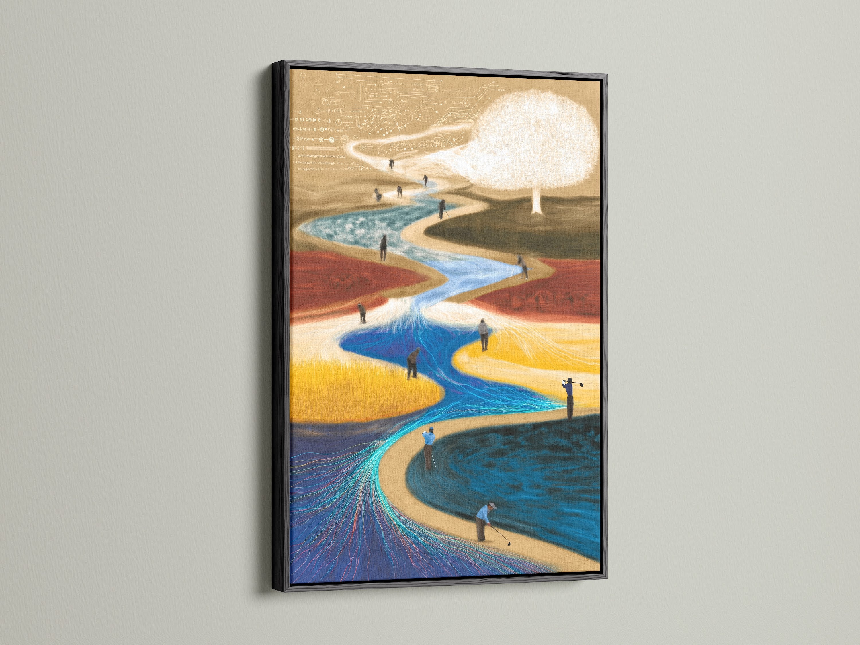 Contemporary art piece with a black frame. The surreal landscape canvas offers unique office wall decor. This abstract dreamscape artwork is a modern flowing art print. It is perfect for artistic wall decor.