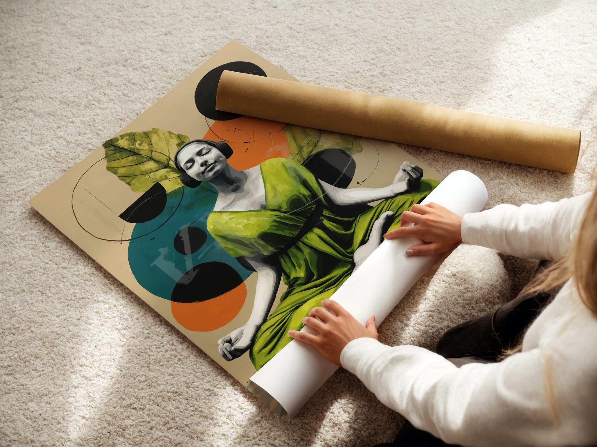 A woman carefully rolls a fine art poster paper. The meditation artwork awaits framing or display. This zen yoga poster will bring mindfulness to your space. Choose fine art for exceptional quality and detail.