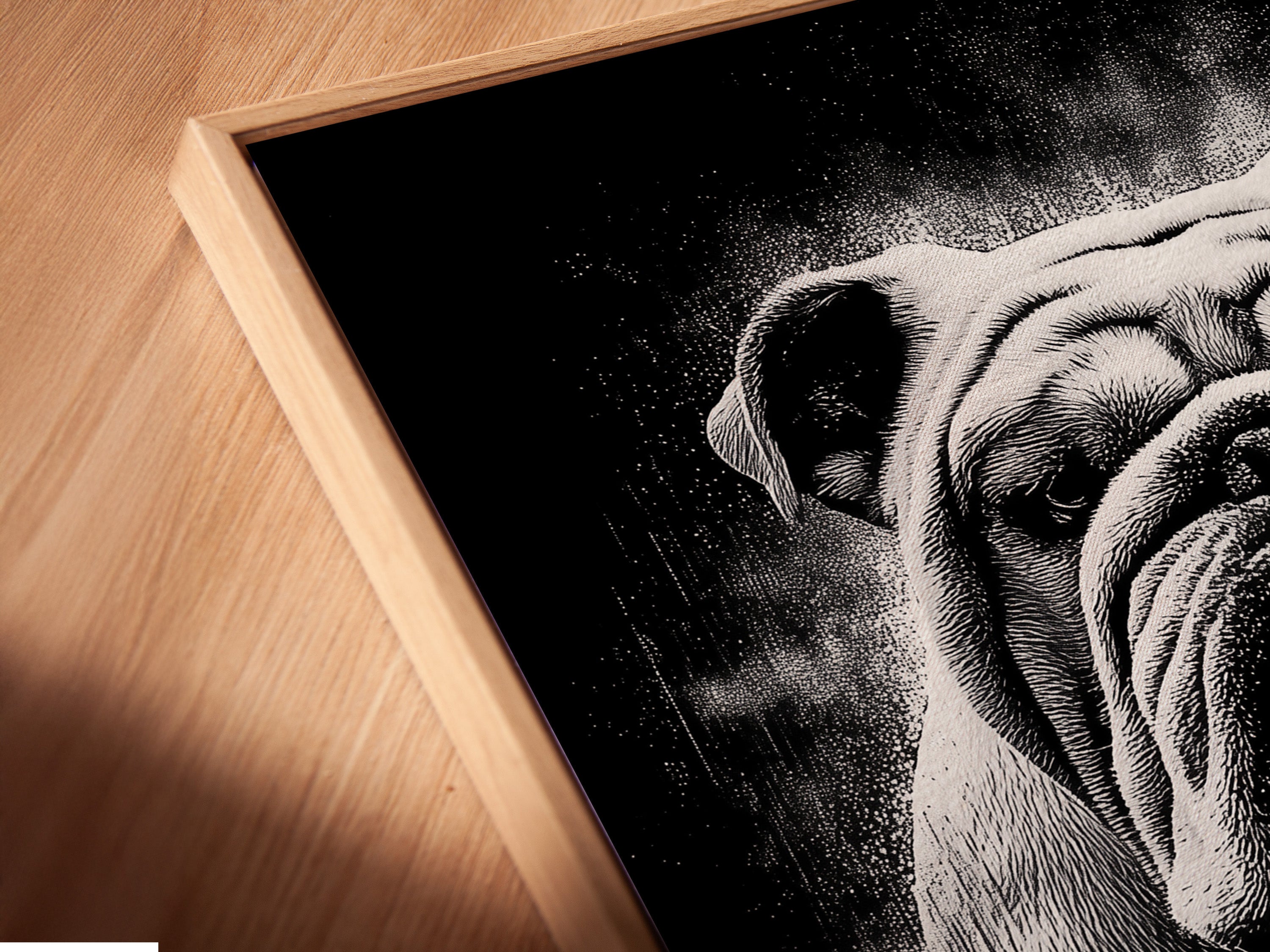 Angled close up of a canvas print in floating frame. This bulldog smoking artwork is a unique piece of wall decor. The floating frame enhances the art providing a modern look. Perfect for adding character to any room.