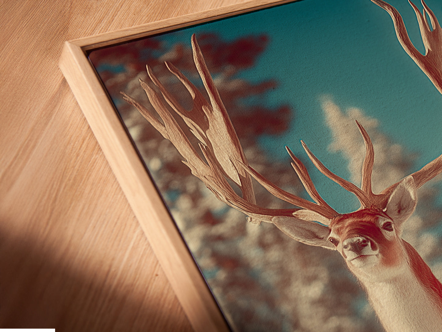 A close up of the Winter Deer canvas print in a floating frame. The art is displayed on a white wall. This framing style adds a touch of sophistication to your wall decor. It's a unique way to showcase your favorite animal print.