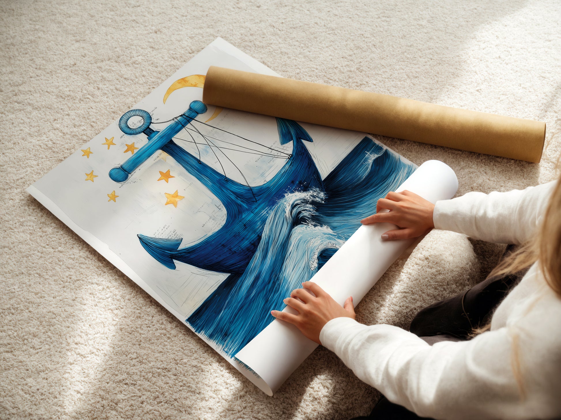 A woman is carefully rolling a fine art poster paper featuring the Anchor Artwork. High-quality nautical print for art enthusiasts. Perfect for coastal home decor and beach house interiors. This ocean wave poster is a stunning addition to any space. Get your seaside artwork ready for display