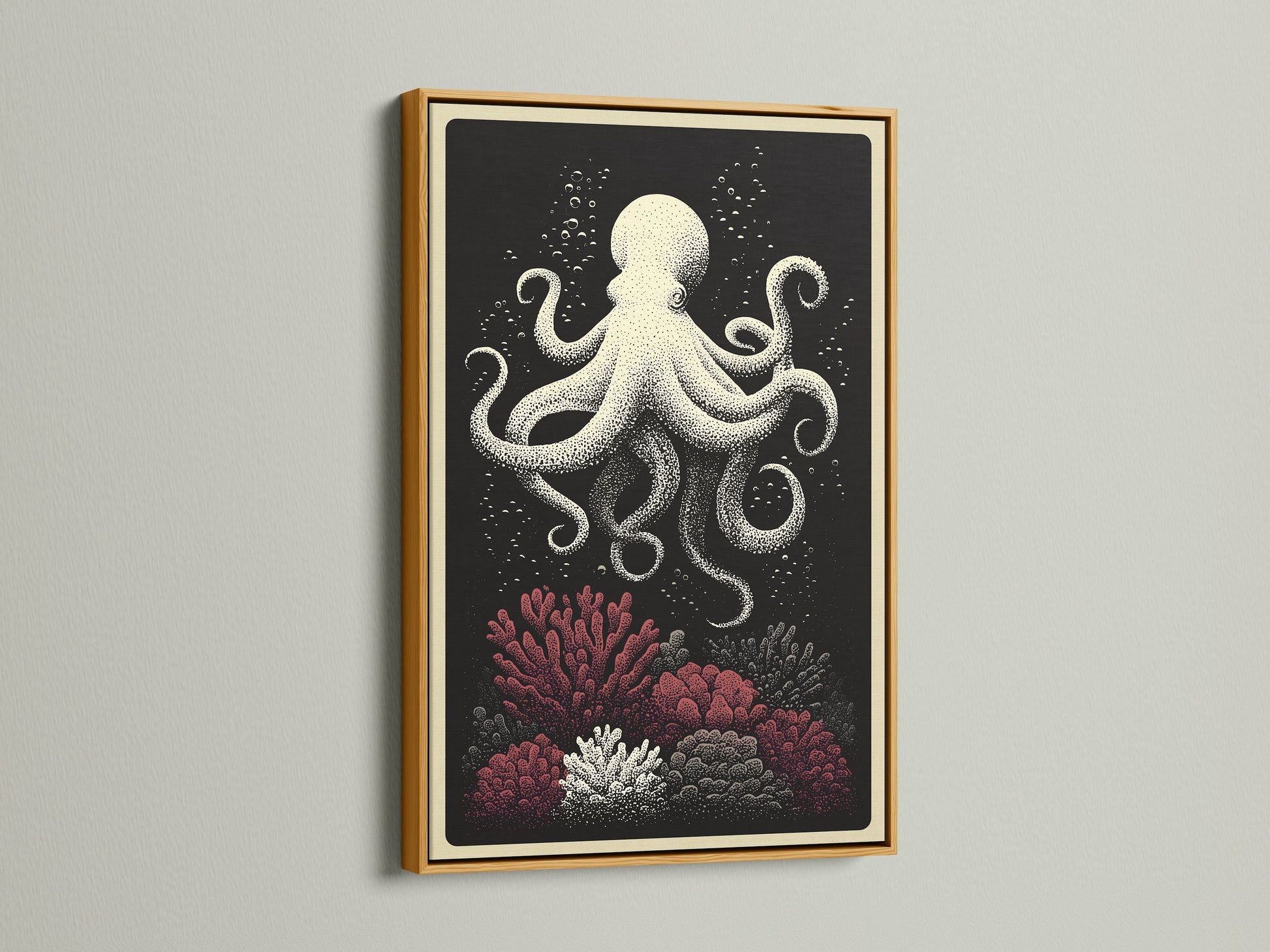 Gold Frame art print. This octopus canvas print is nautical wall art. It includes coral reef art for coastal home decor. The gold frame adds a touch of elegance. It's perfect ocean creature artwork for a stylish home.