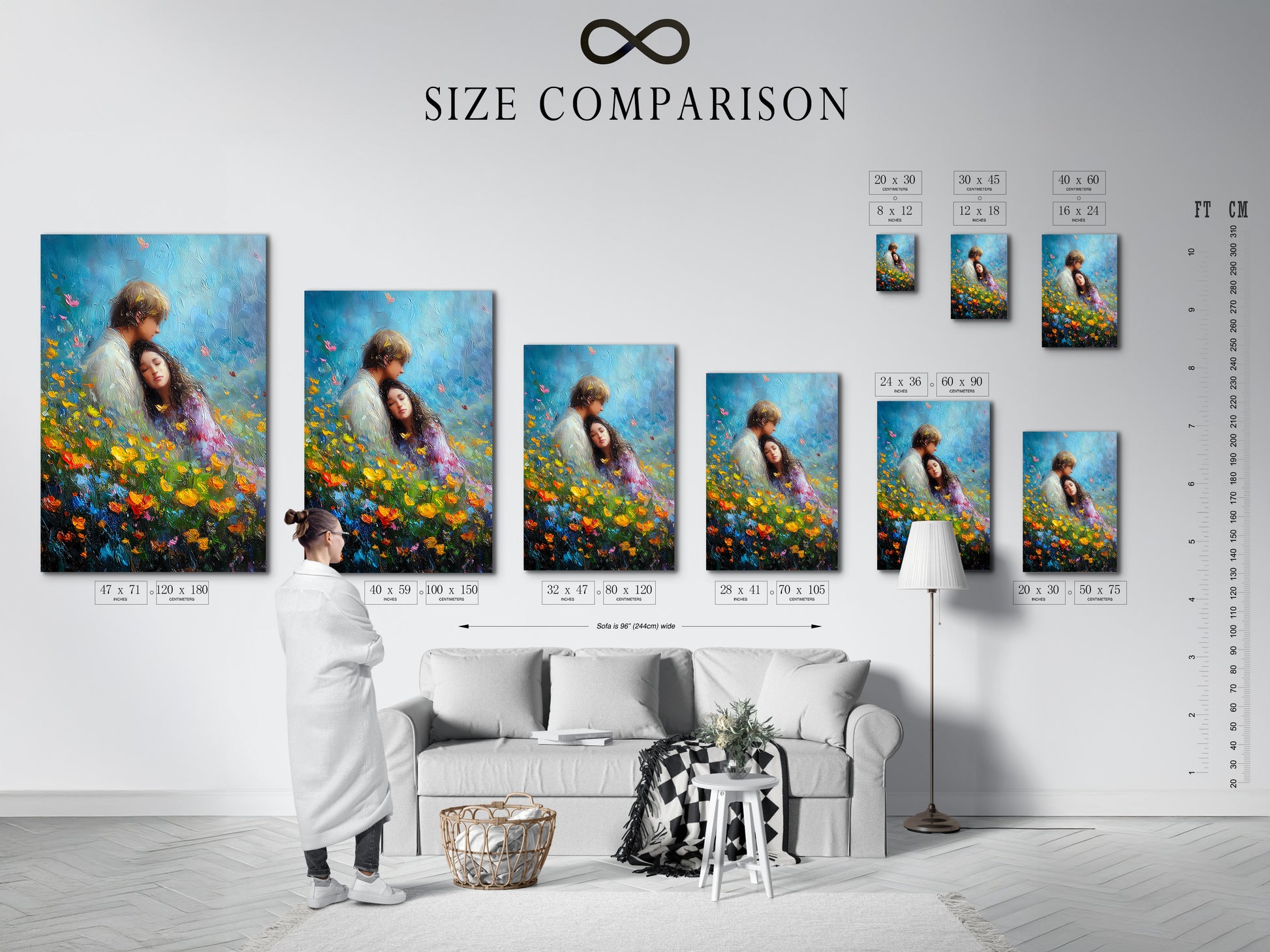 A size comparison chart displayed in an interior setting. The chart illustrates available artwork sizes. It helps visualize how each size fits in a room. Perfect for choosing the right dimensions for your space.