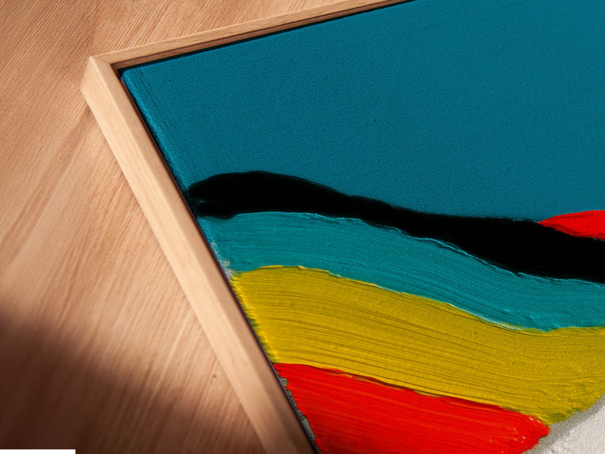 A close-up of a canvas print in a floating frame. This art features vintage car art. The artwork enhances contemporary wall decor for any space. Elevate your wall decor today with colorful art.