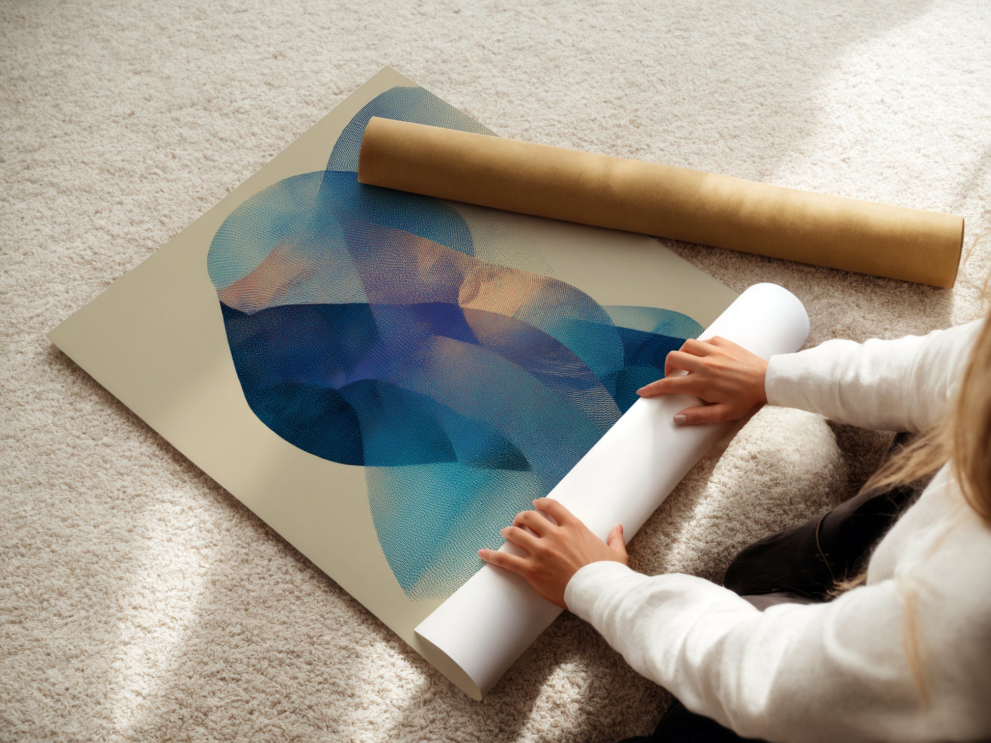 Here's a woman carefully rolling a fine art poster paper. She is preparing it for framing or display. High-quality paper ensures the artwork looks its best. Proper handling protects the artwork from damage. This image shows the care taken in art presentation. It highlights the importance of preserving fine art prints.