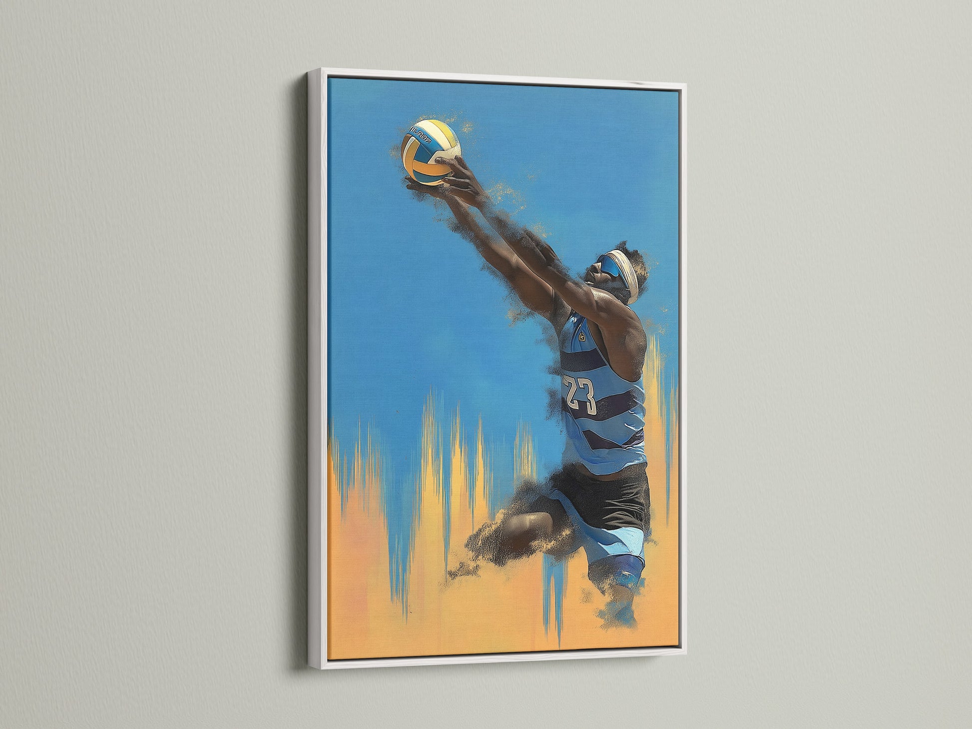 Volleyball Player Art in a crisp white frame. This sports artwork adds a modern touch to any room. The white frame enhances the vibrant blue and orange colors. A great choice for bedroom wall art.
