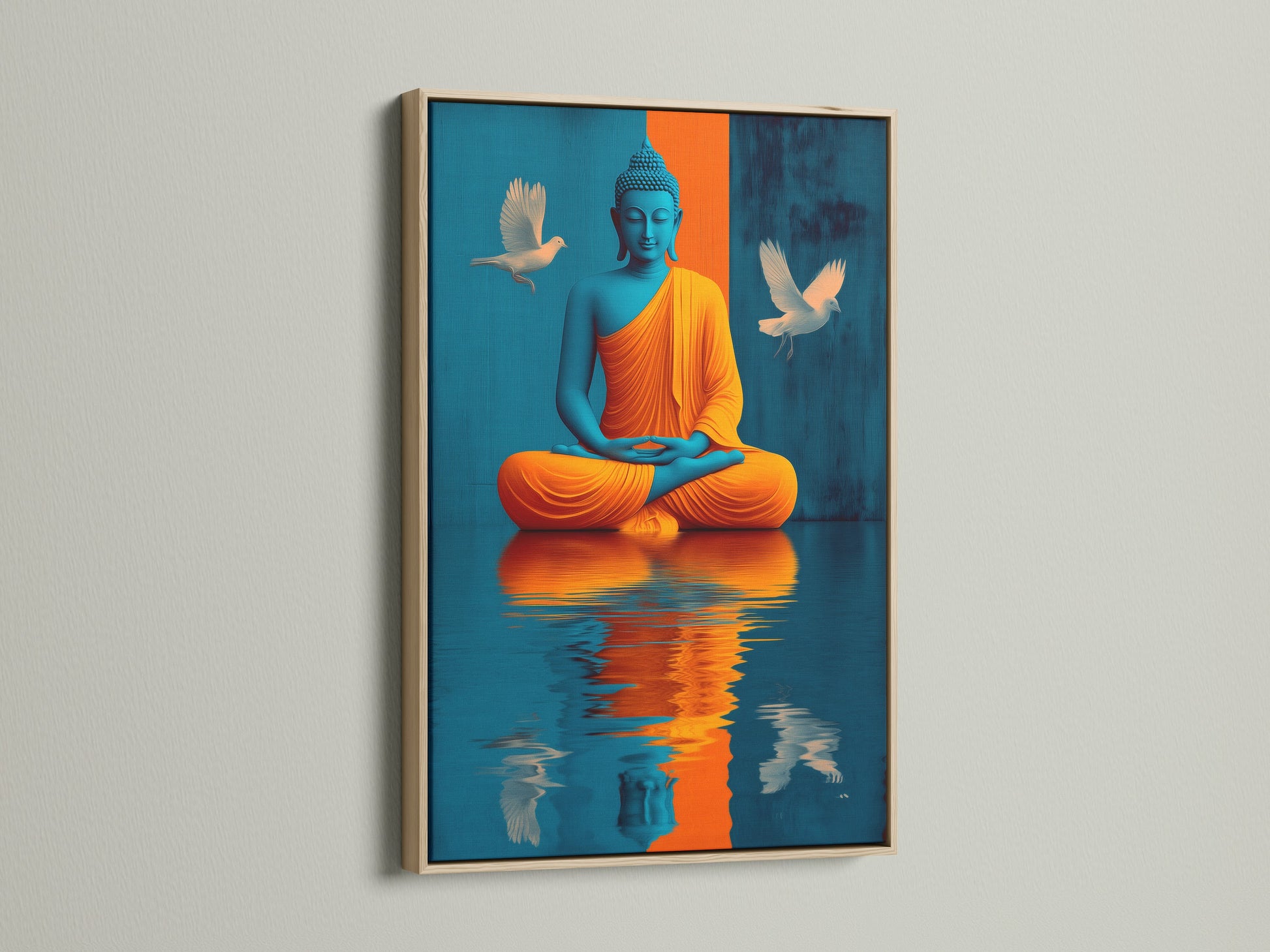 Experience tranquility with our Buddha canvas print. This spiritual zen artwork features teal and gold accents. The oak frame adds a touch of natural elegance. Perfect for meditation rooms and yoga studios. Bring peace and harmony to your space with this exquisite piece.