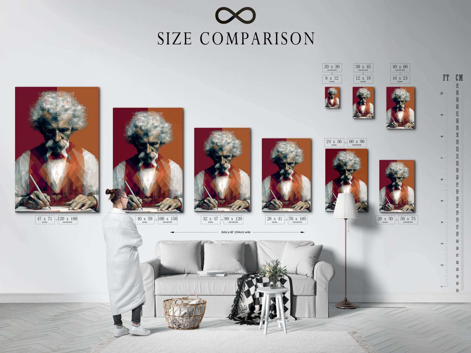 A size comparison chart in an interior setting. It showcases the different sizes available for the Mark Twain art. This helps visualize the artwork in different spaces. Choose the perfect size for your study room decor or office wall art.