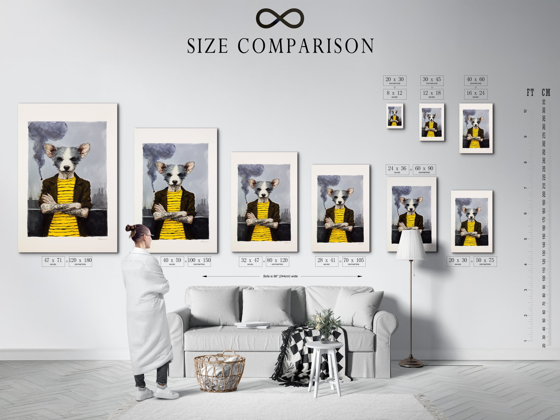 A size comparison chart in an interior setting displays various dimensions of the quirky dog portrait art. Visualize how this anthropomorphic animal canvas print will look in your space. Choose the perfect size for your whimsical wall art needs. The artwork features primary color yellow and secondary color grey.