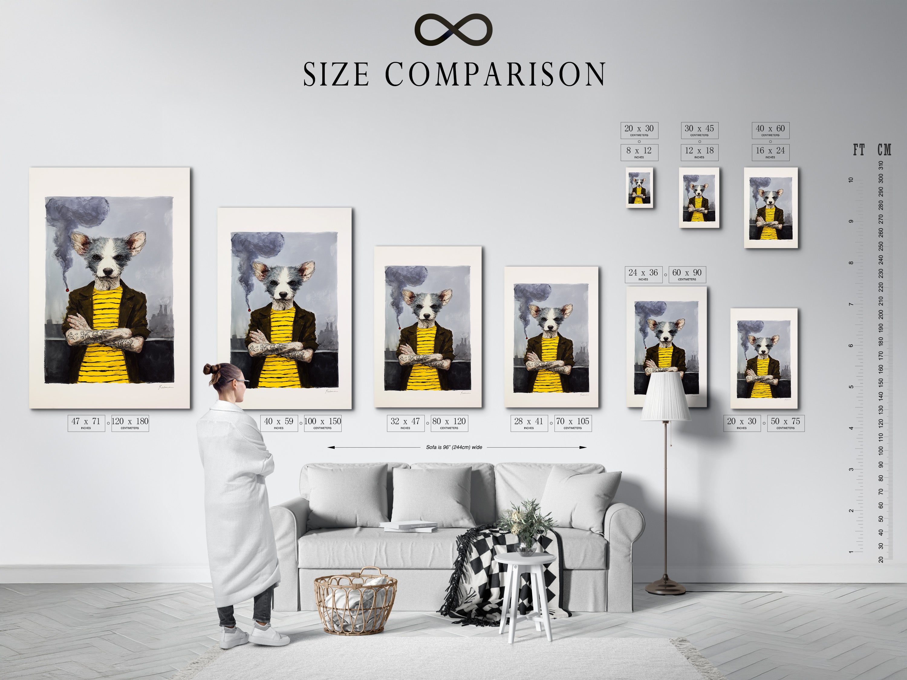 A size comparison chart in an interior setting displays various dimensions of the quirky dog portrait art. Visualize how this anthropomorphic animal canvas print will look in your space. Choose the perfect size for your whimsical wall art needs. The artwork features primary color yellow and secondary color grey.
