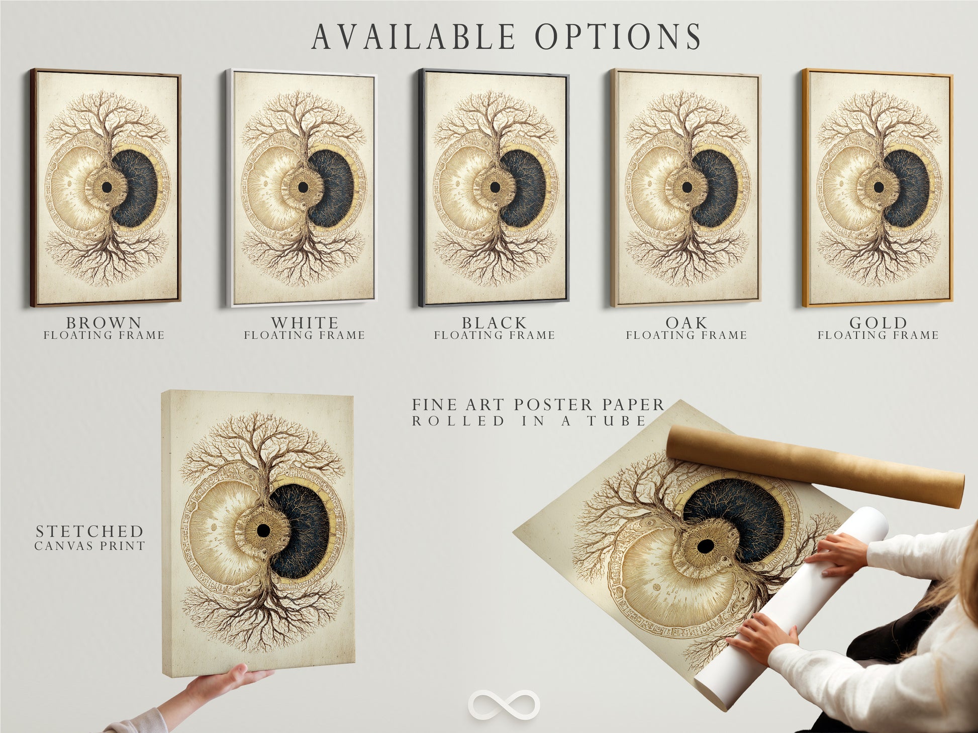 Available options include stretched canvas print fine art poster paper and floating frame. The artwork features a tree and eye artwork. Choose your preferred format. Each option offers a unique look. The stretched canvas is ready to hang. The poster paper is perfect for framing. The floating frame adds a modern touch.