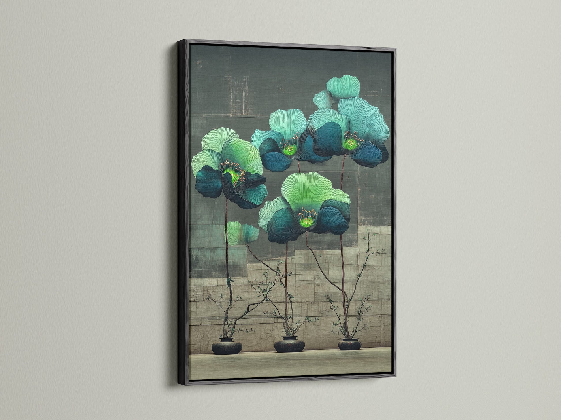 Modern floral botanical artwork with teal and green flowers displayed in a black frame. The black frame adds a touch of sophistication and elegance. It's ideal for modern or eclectic styles looking for botanical print.