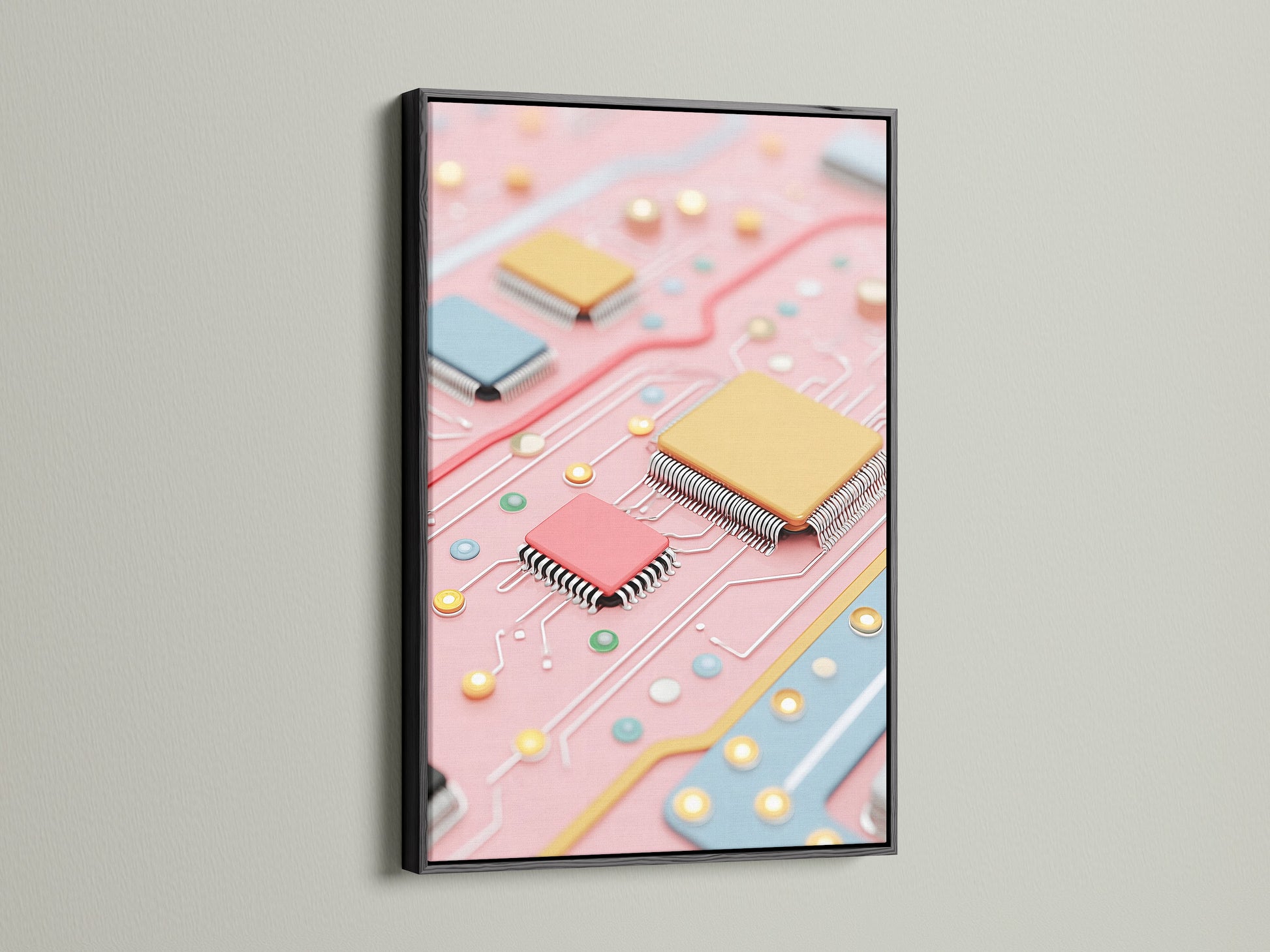Modern circuit board artwork print in a sleek black frame. The pink and blue computer chip art offers a contemporary vibe. A great techy gift for engineers or anyone who appreciates modern decor. Perfect for office or living spaces.