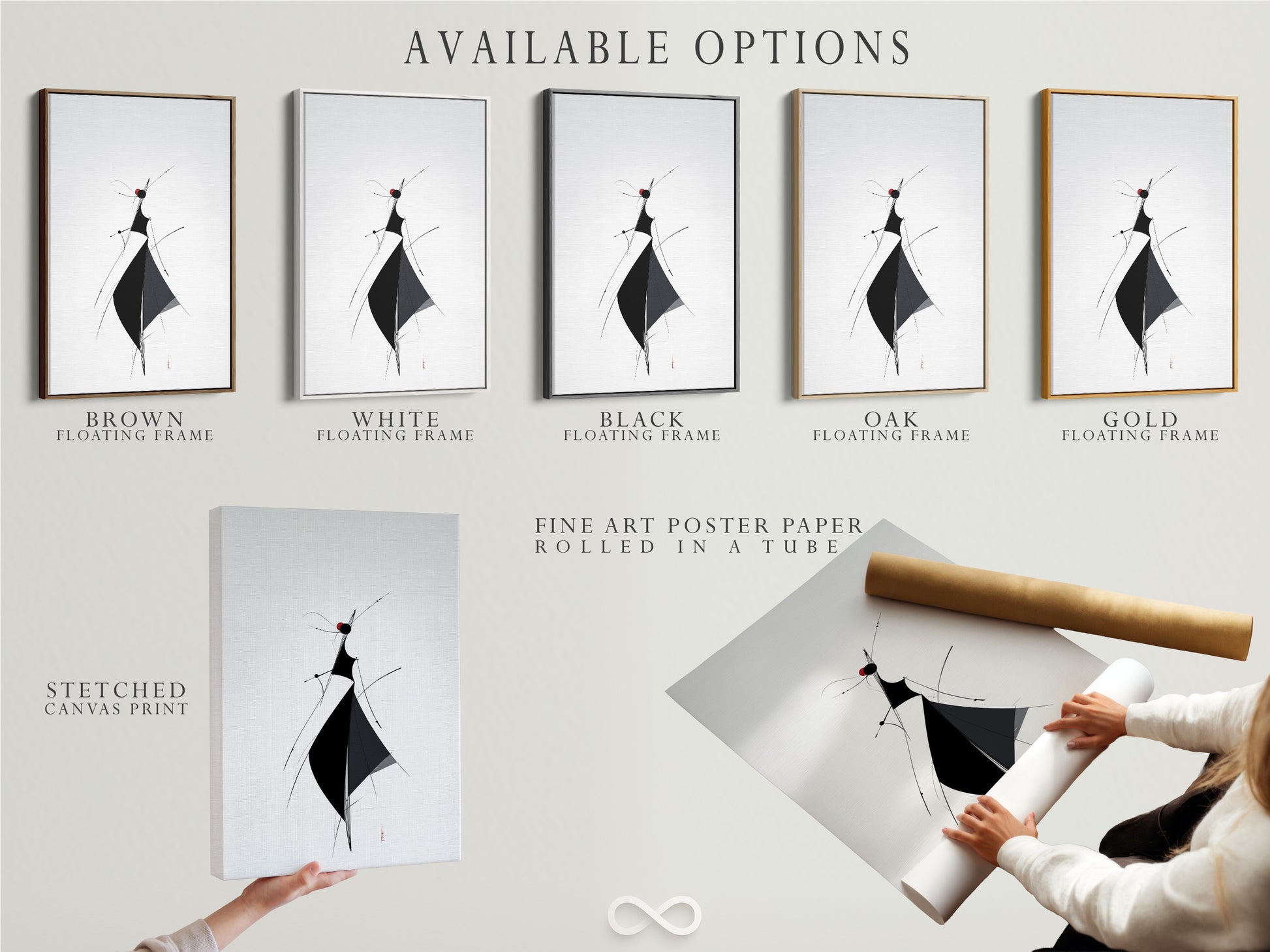 Various art display options are available. Stretched canvas prints are shown. Fine art poster paper is featured. Floating frames add a modern touch. Choose the perfect option for your art. Explore our wide range of display styles.