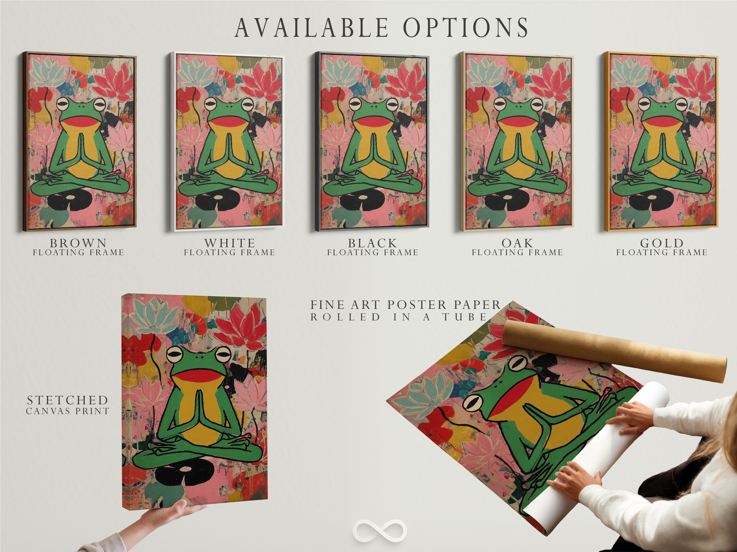 Explore available options for the Zen Frog artwork. Choose from a stretched canvas print fine art poster paper or a floating frame. This meditation lotus art offers colorful yoga studio decor for mindfulness. Perfect for art lovers and wellness spaces