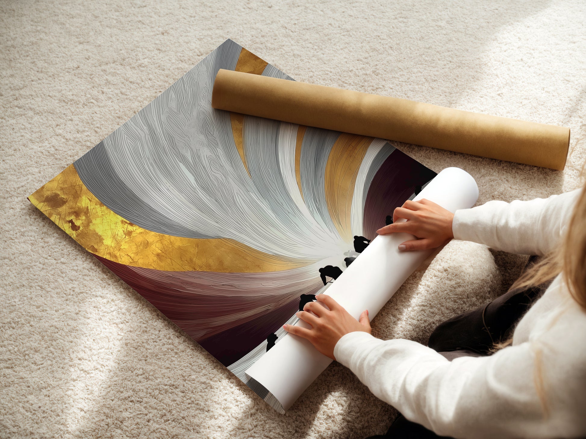 A woman is rolling fine art poster paper. High-quality materials ensure your cyclist artwork looks stunning. Perfect for creating a gallery-worthy display in your home or office. Professional quality assured.