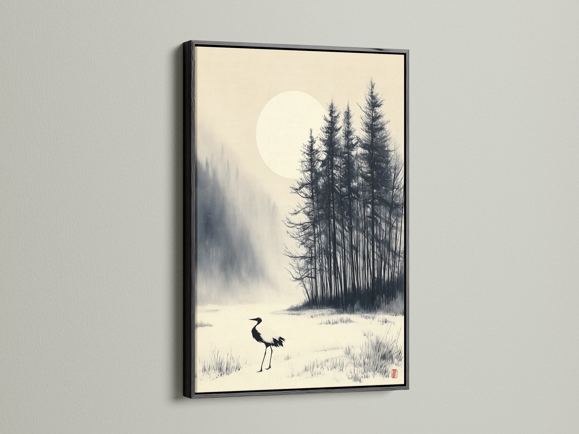 See the crane wall art in a black frame. This Japanese ink wash art creates a striking focal point. The winter forest artwork adds elegance to any room. This Asian art print is perfect for minimalist or modern decor. Explore this serene wall art for your home or office.