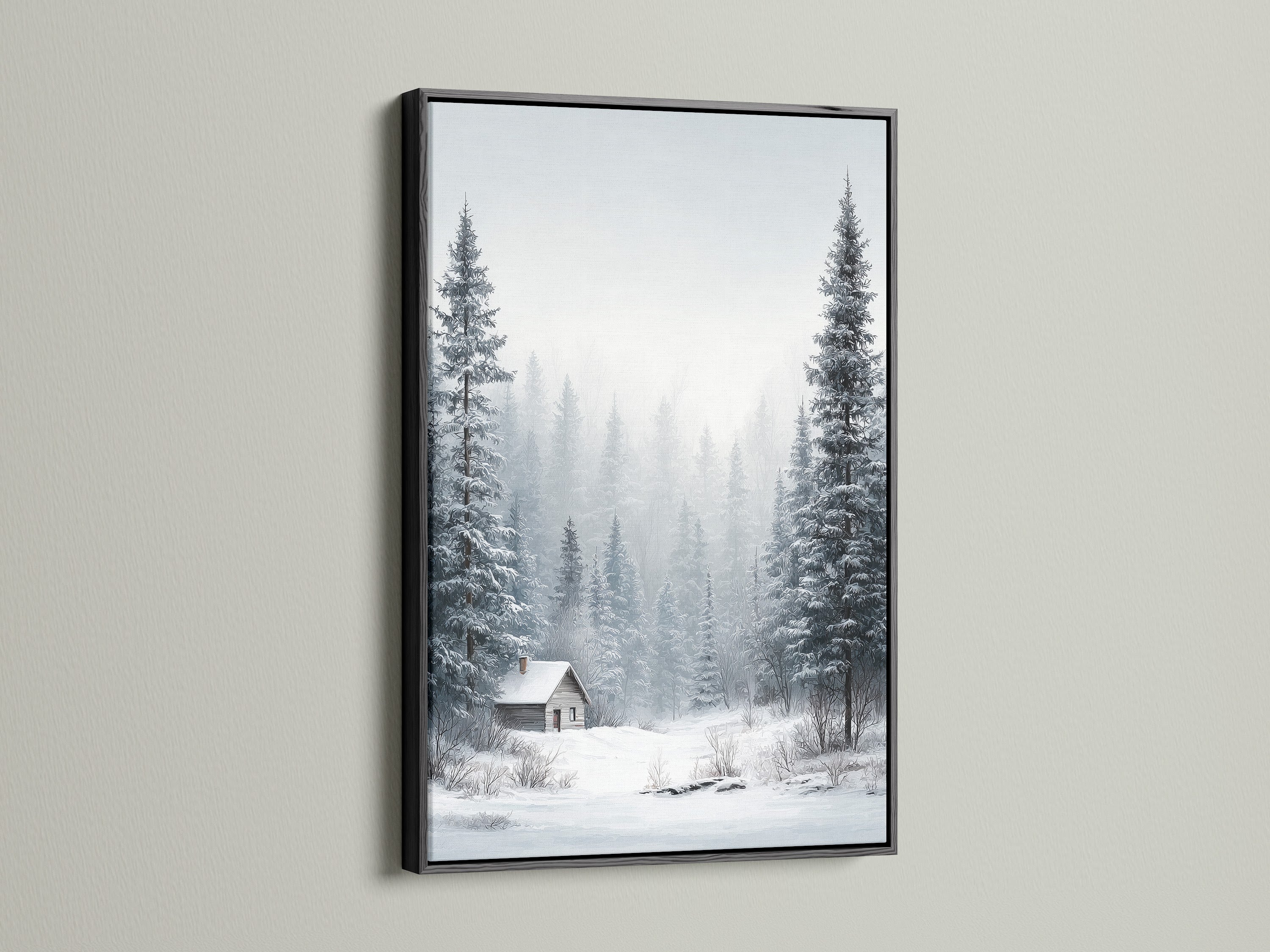 Winter Forest artwork presented in a black frame. The artwork portrays snow-covered pine trees. A cozy cabin is nestled in the winter forest. This framed print adds contrast to light walls. Elevate your cabin or rustic decor.