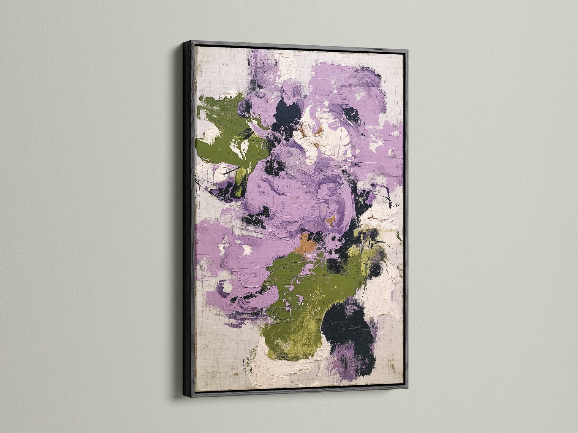 Abstract floral artwork with purple and green shades displayed in a black frame. This modern canvas art adds a sophisticated touch to contemporary decor. The botanical print is perfect for creating a stylish bedroom wall decor with its bold contrast and artistic flair.
