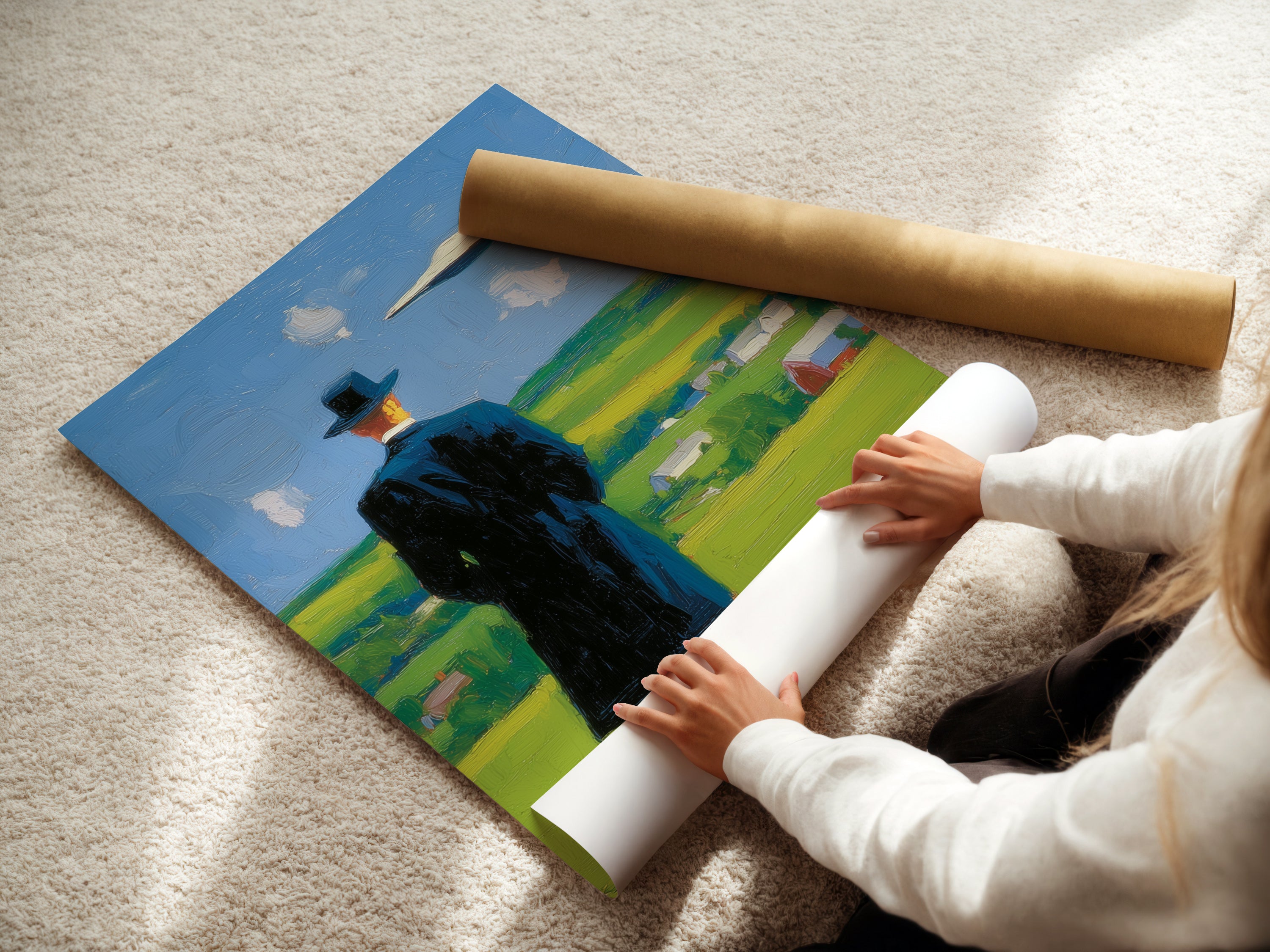 A woman rolling a fine art poster paper. This highlights the care and quality put into each print.  Choose from stretched canvas fine art poster paper or floating frame options for your unique artwork.