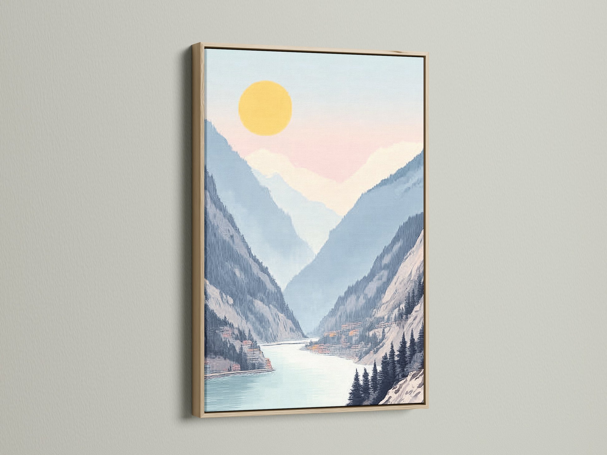 This mountain lake canvas features a serene valley. It's framed in a beautiful oak. The pastel landscape brings a calming effect. Ideal wall art for minimalist Scandinavian or coastal decor. Enhance your living room bedroom or office with this tranquil artwork.