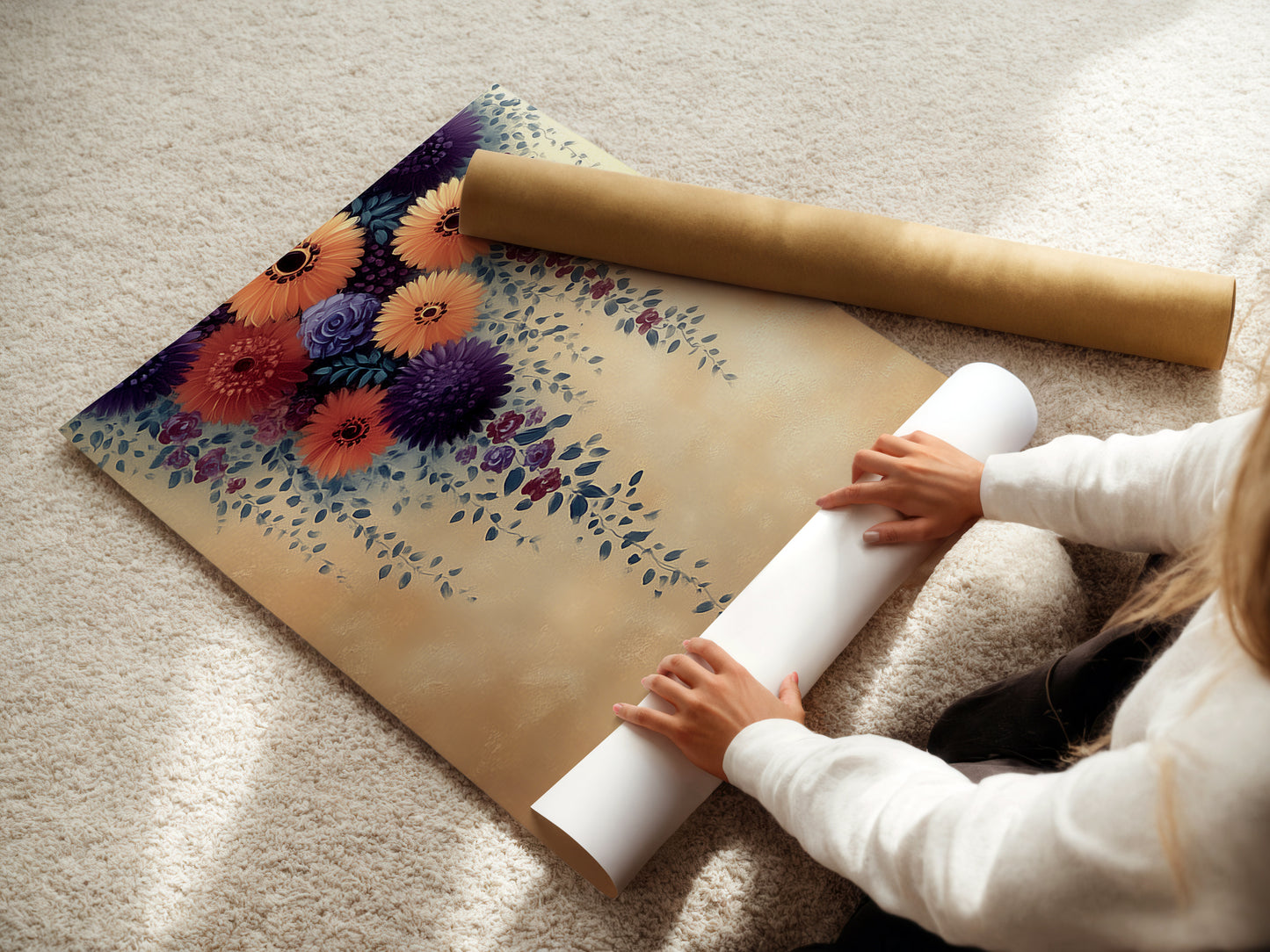 A woman carefully rolls a fine art poster paper. This showcases the delicate handling required for high quality prints. The Floral Cascade artwork is ready for elegant display. Choose fine art paper for a refined botanical touch in your home or office