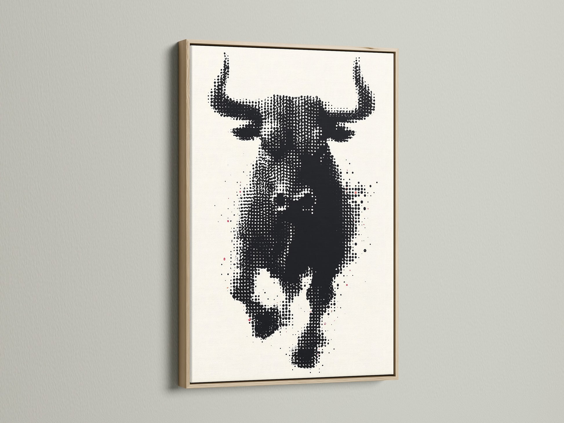 This bull artwork features a black and white halftone print in an oak frame. Ideal for modern farmhouse decor. This animal canvas print adds sophistication to any space. The oak frame enhances the artwork's rustic charm. Perfect for living rooms bedrooms and offices. Elevate your walls with this contemporary print.