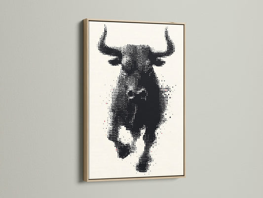 This bull artwork features a black and white halftone print in an oak frame. Ideal for modern farmhouse decor. This animal canvas print adds sophistication to any space. The oak frame enhances the artwork's rustic charm. Perfect for living rooms bedrooms and offices. Elevate your walls with this contemporary print.
