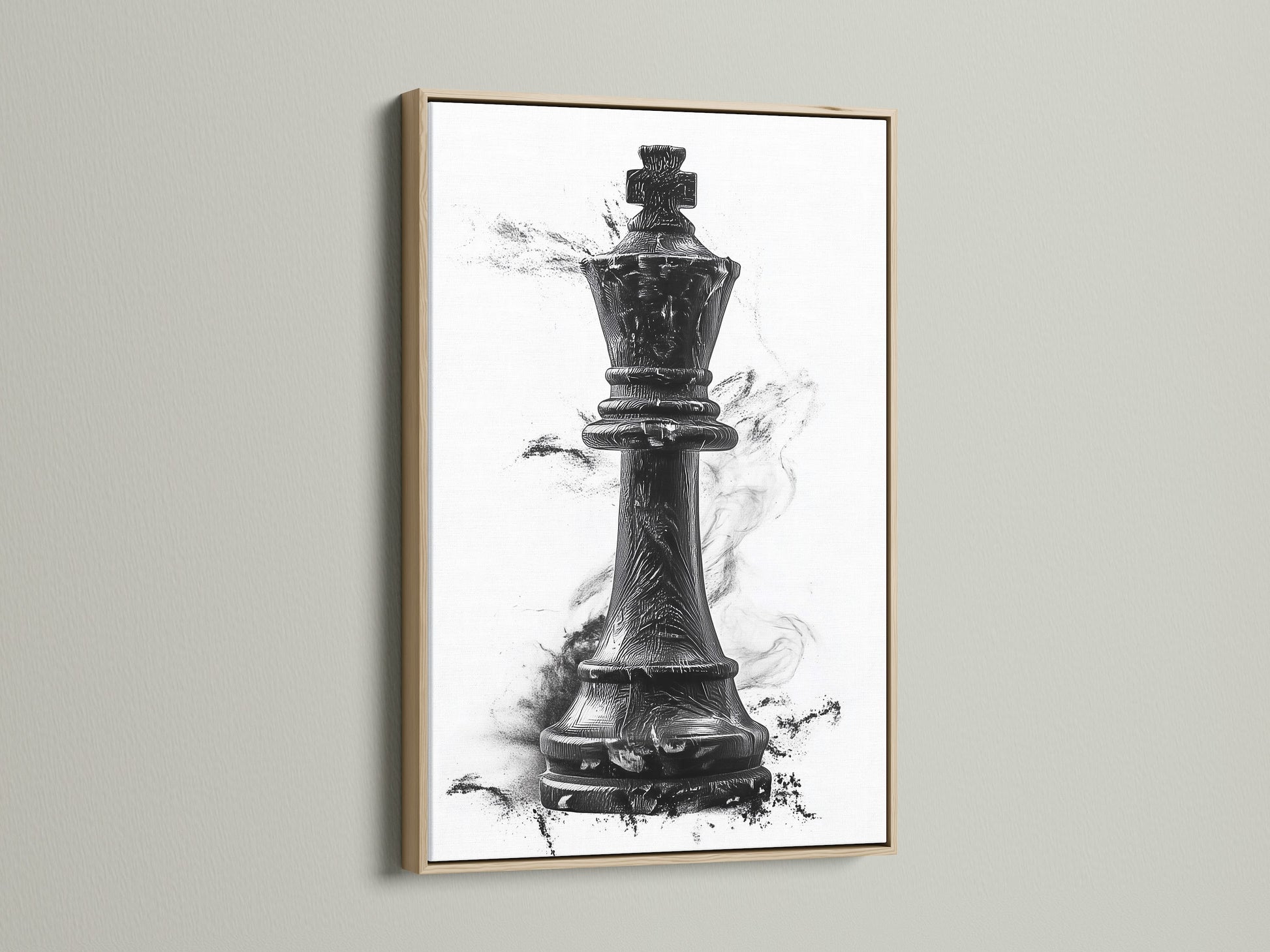 A captivating chess king artwork displayed in an oak frame. The frame enhances the artwork. It adds a touch of sophistication to any room. Discover the beauty of framed art. Transform your living space with this exquisite piece.