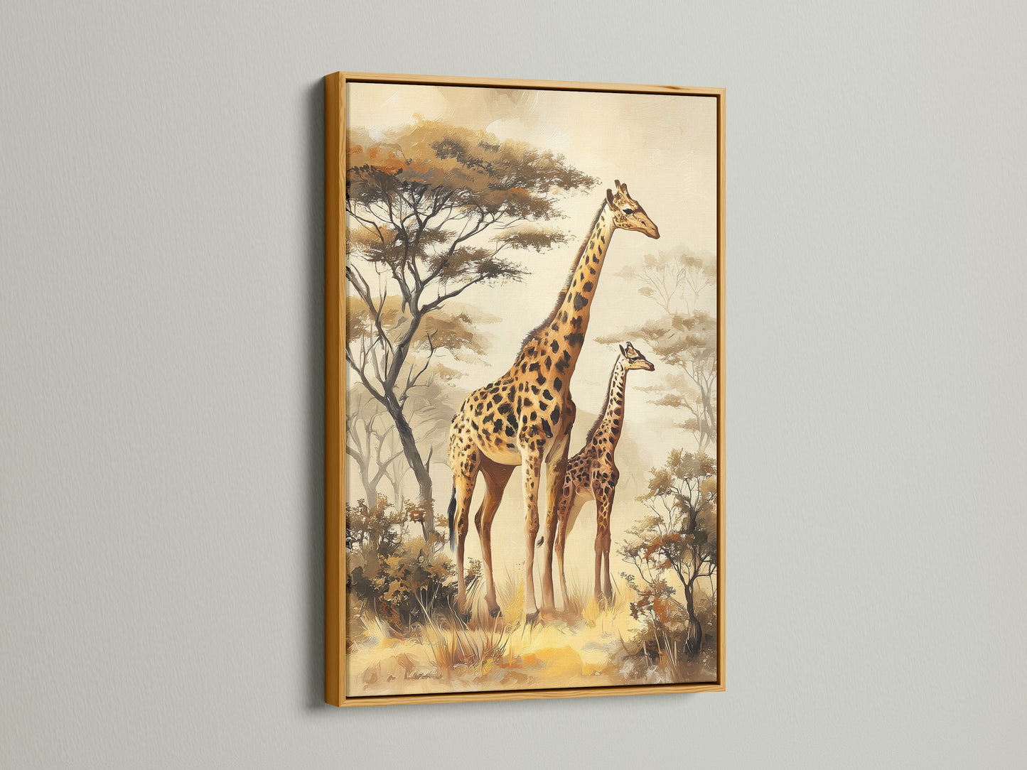 Gold Frame artwork option. This artwork features a mother and baby giraffe. The artwork is framed with a luxurious gold frame. The gold frame adds a touch of elegance for your artwork. This frame is perfect for traditional or glam decor. The gold frame elevates the artwork.