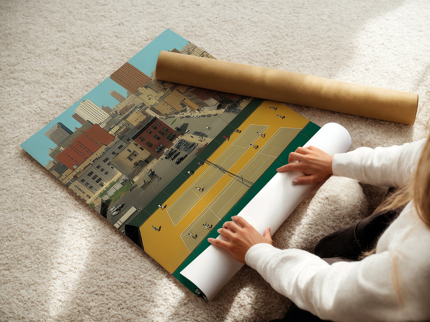 A woman is carefully rolling a fine art poster paper. The paper showcases the Urban Tennis Court artwork. The fine art poster enhances the vintage details. This city sports print is ready for framing. A great piece for minimalist decor.