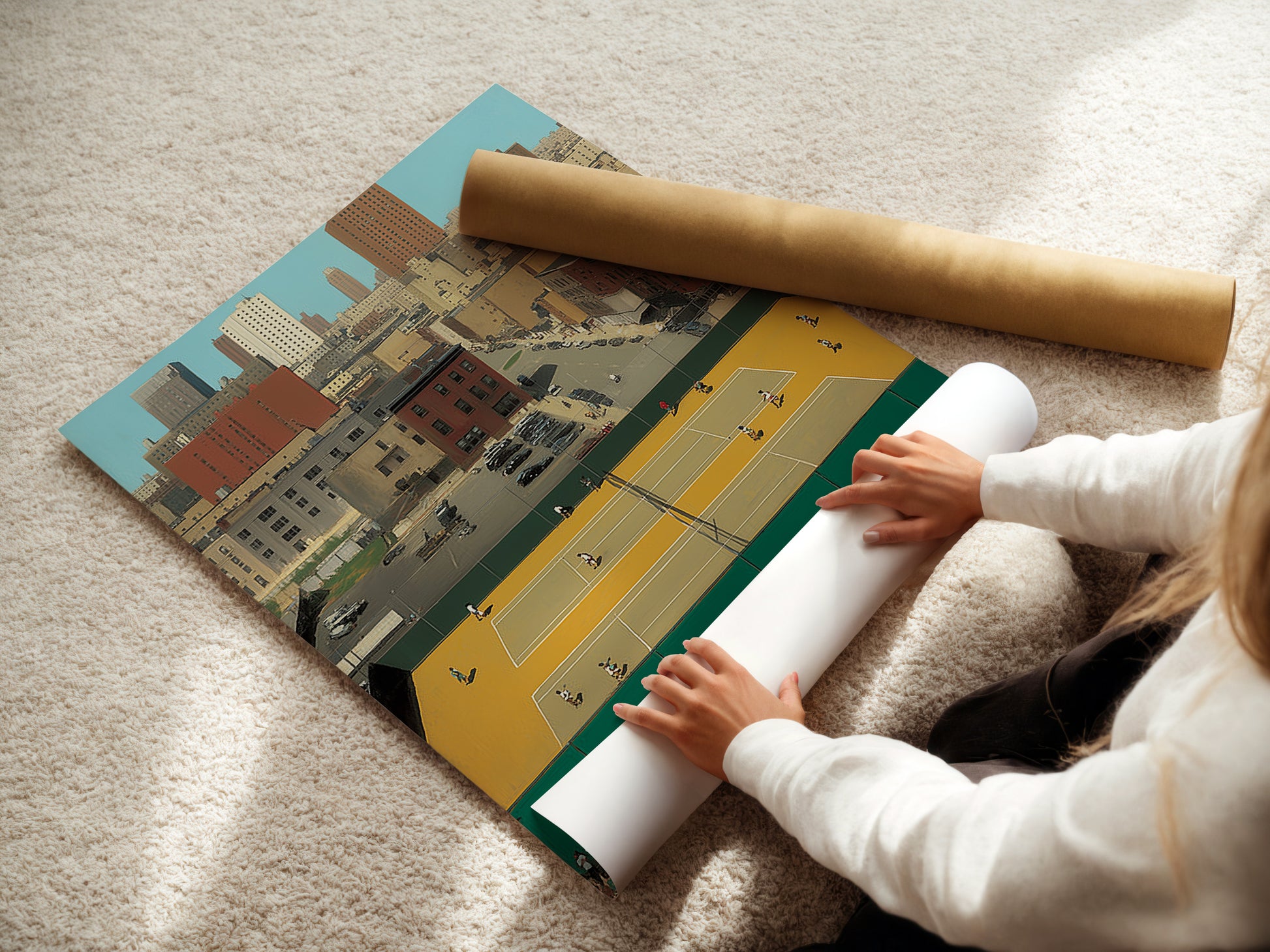 A woman is carefully rolling a fine art poster paper. The paper showcases the Urban Tennis Court artwork. The fine art poster enhances the vintage details. This city sports print is ready for framing. A great piece for minimalist decor.