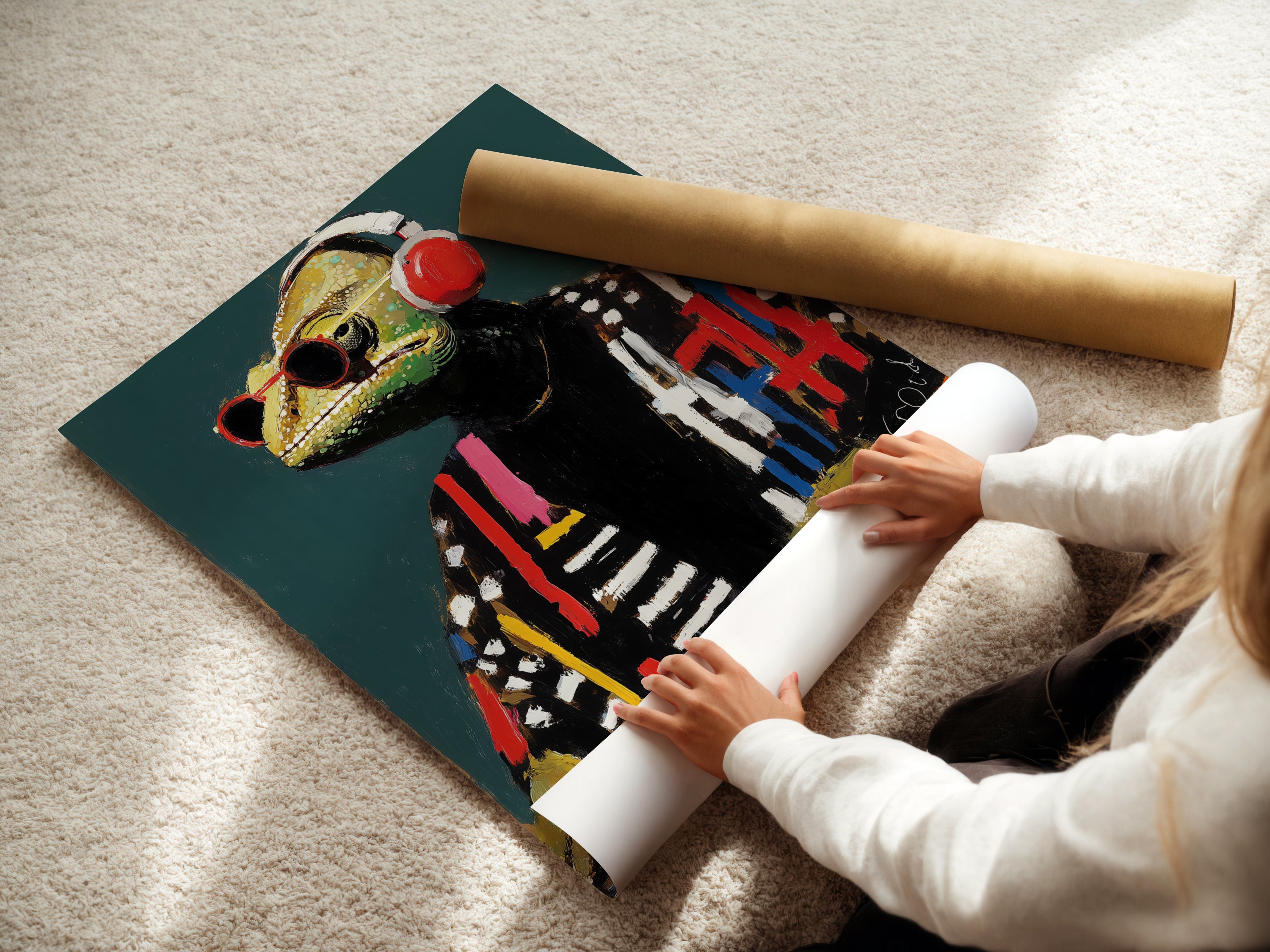 A woman is carefully rolling a fine art poster paper of the DJ Iguana. This ensures the music wall art arrives in perfect condition. The poster is ideal for framing or hanging as is. It's a great reptile art print for any space.