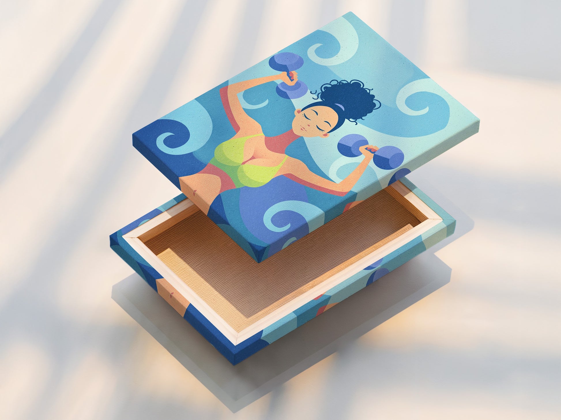 A stretched canvas print is displayed. The fitness woman artwork is featured. It is motivational gym wall art. The workout illustration is great for home gym decor. This canvas print embodies strength training.