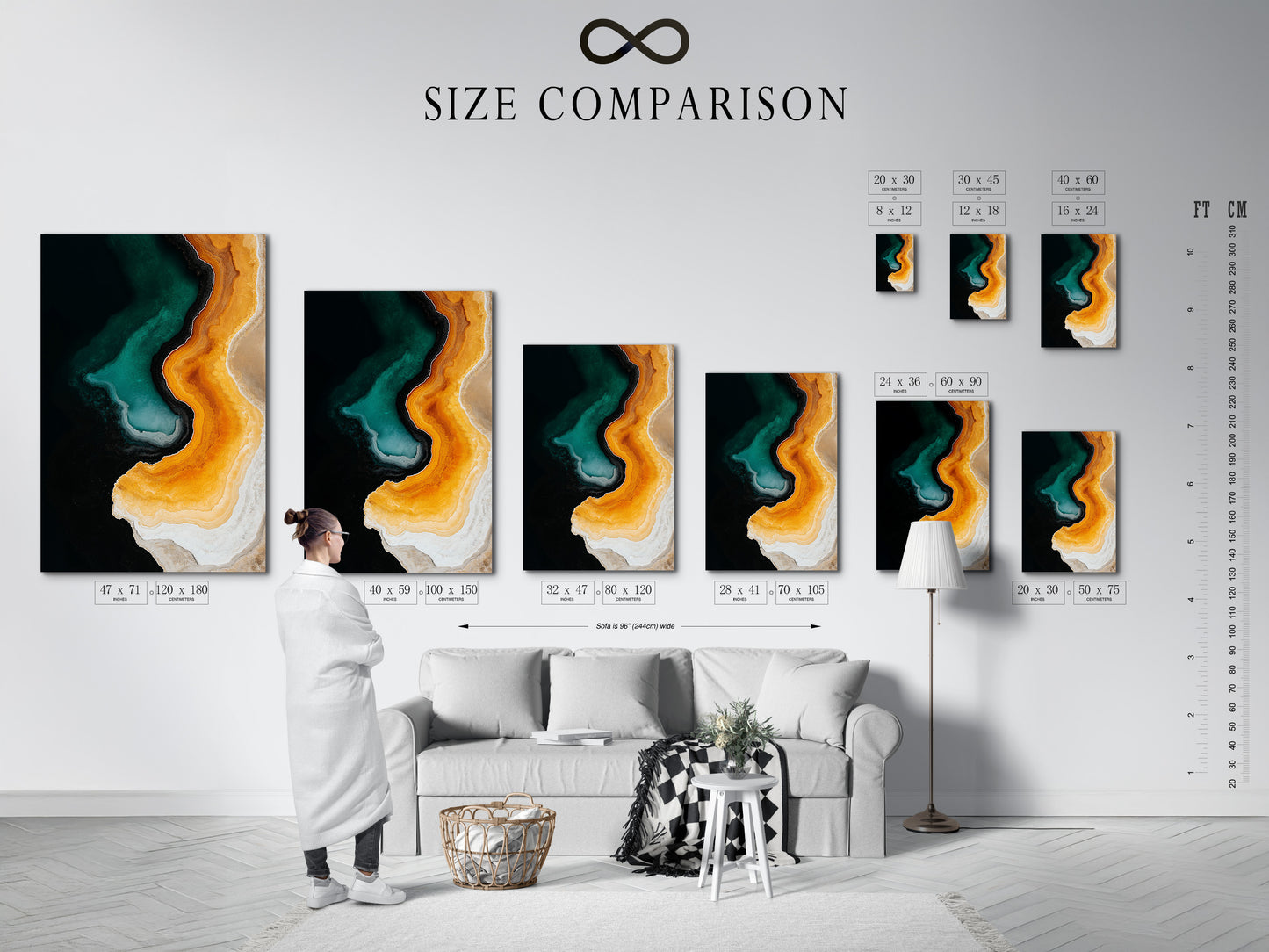 Size comparison chart displayed in an interior setting. The chart helps visualize artwork dimensions. It shows how different sizes fit within a room. This tool assists customers in making informed decisions. It helps them choose the perfect artwork for their space.