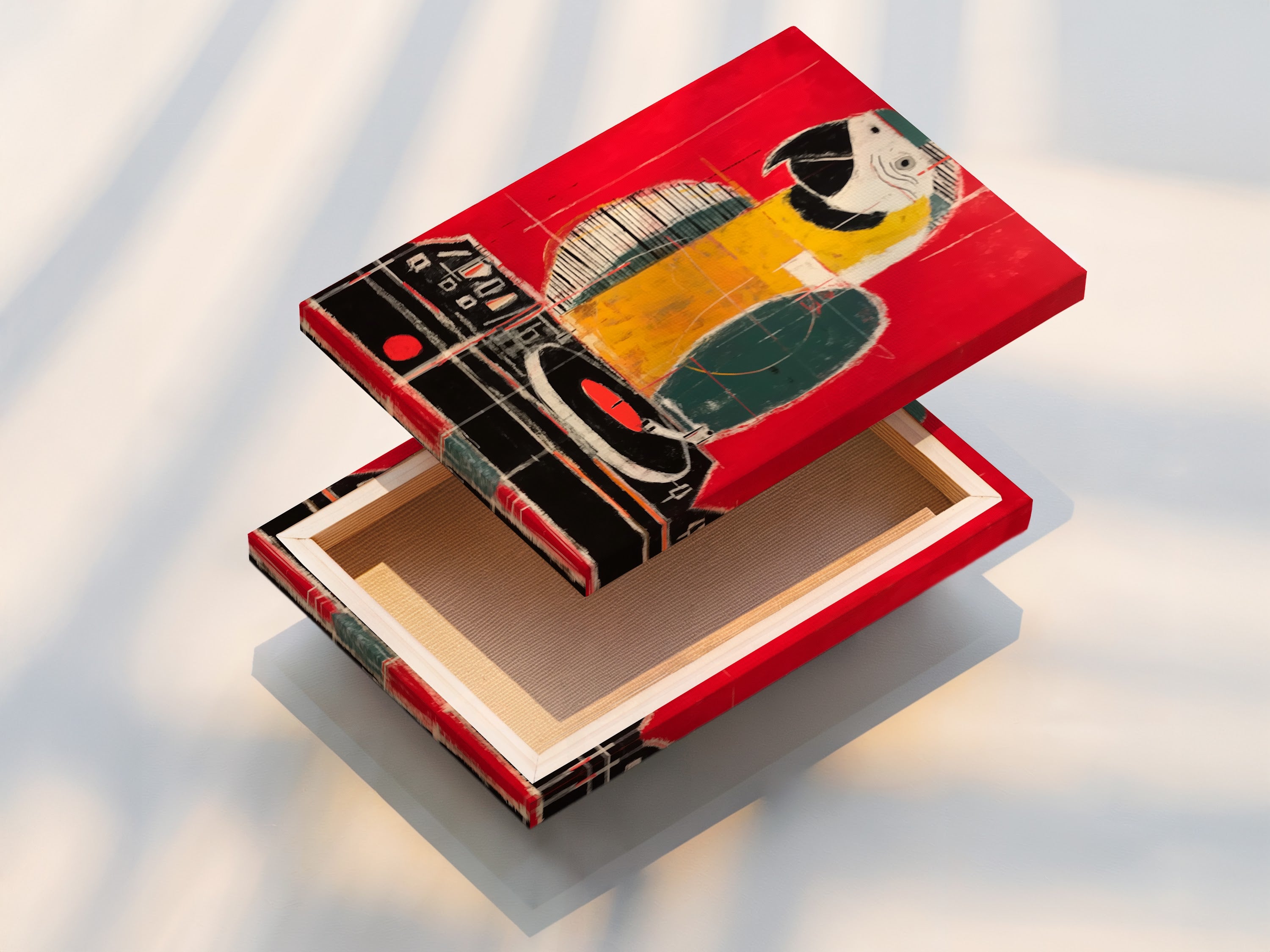 Here is a stretched canvas print of parrot artwork. The canvas texture enhances the colors and details. The artwork is ready to hang. The stretched canvas provides a gallery-like feel. Transform your space with vibrant parrot artwork.