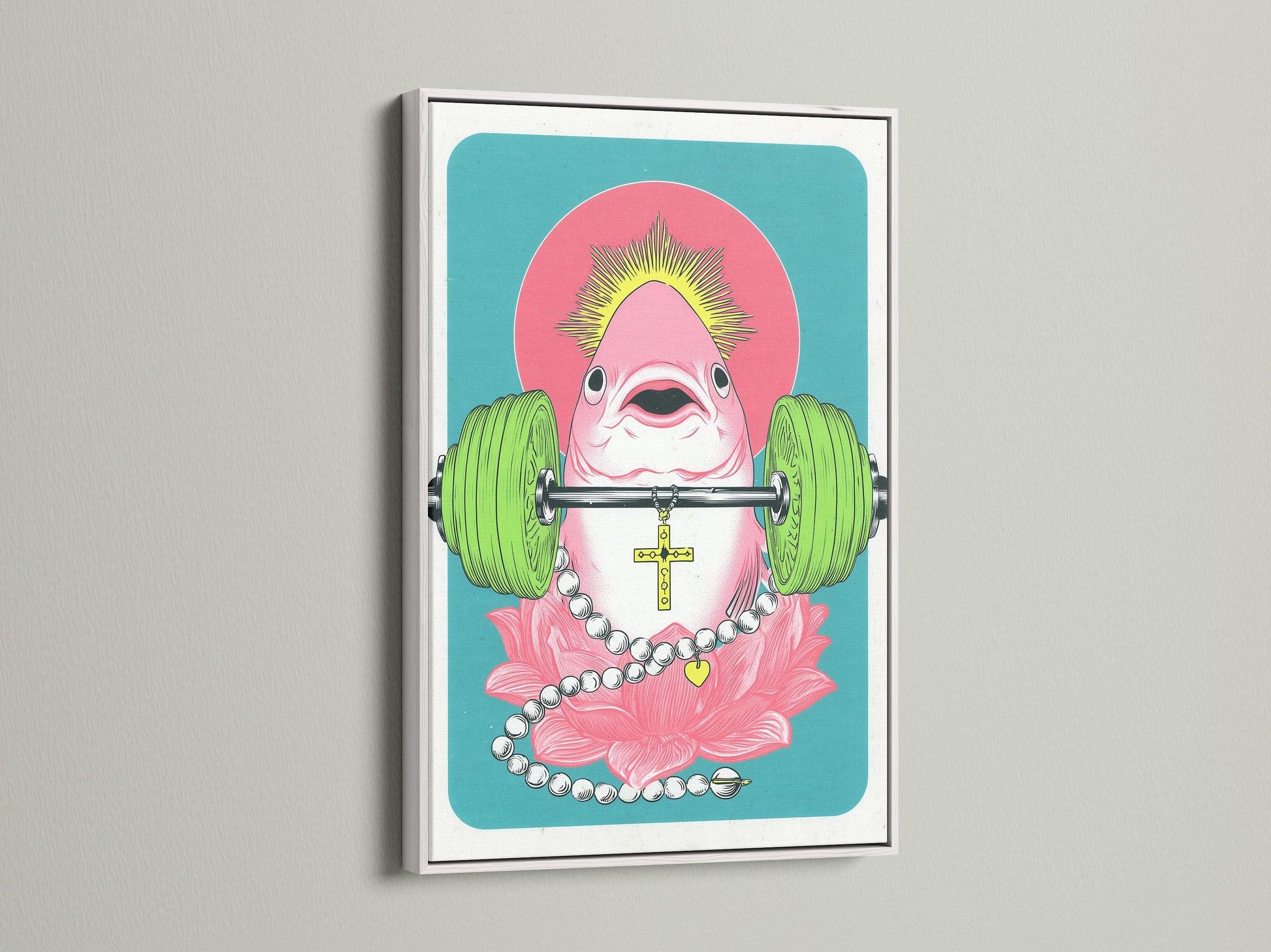 Surreal flamingo artwork print in a white frame. This funny animal print is perfect for workout wall art. It's a great addition to any space needing a touch of humor. The primary color is pink and the secondary color is green.