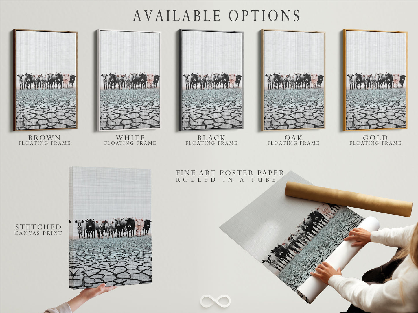 Available options for cattle canvas print. Choose from stretched canvas print. Fine art poster paper or floating frame. Customize your rustic countryside artwork today. Explore options now.