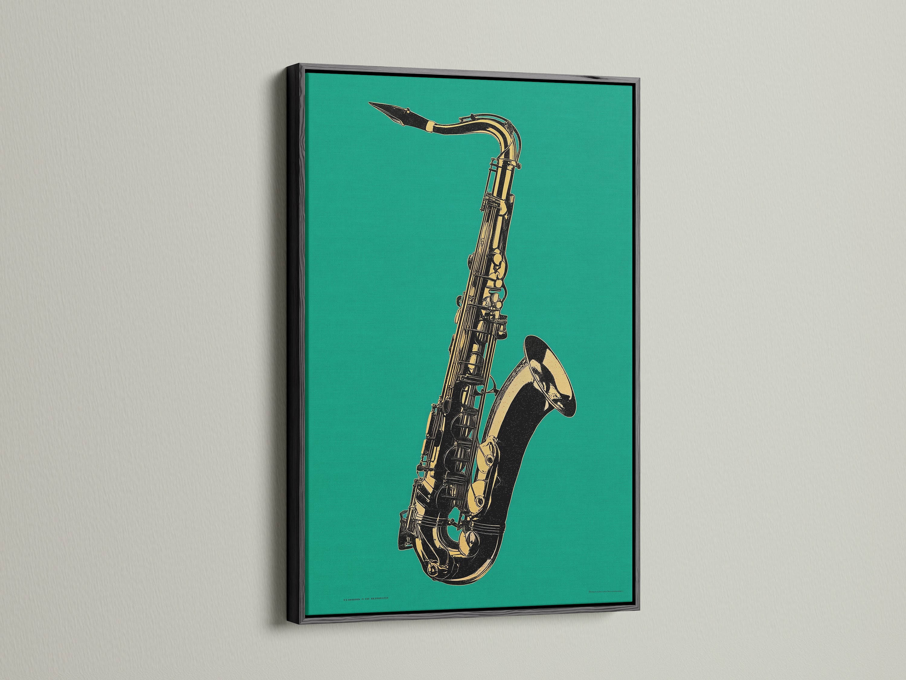 Make a bold statement with this saxophone print in a black frame. The teal green background highlights the golden instrument. Perfect jazz wall art for music enthusiasts. Enhance your office wall art with this striking piece. This music lover gift is sure to impress.