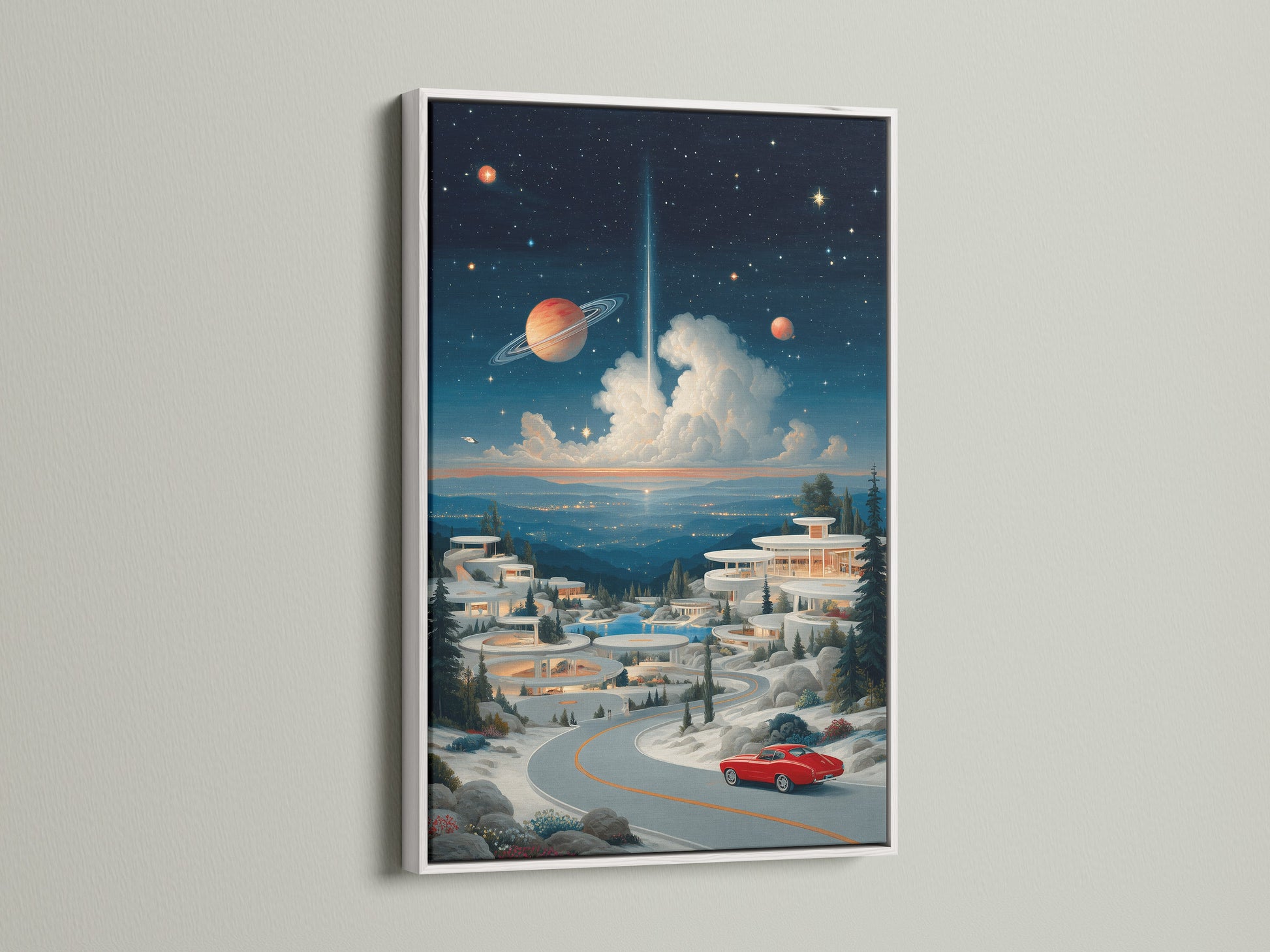 Surreal space landscape artwork with a white frame. This retro futuristic wall art adds a clean touch to your decor. The cosmic village poster is ideal for bedroom wall art. Discover this modern space art today.