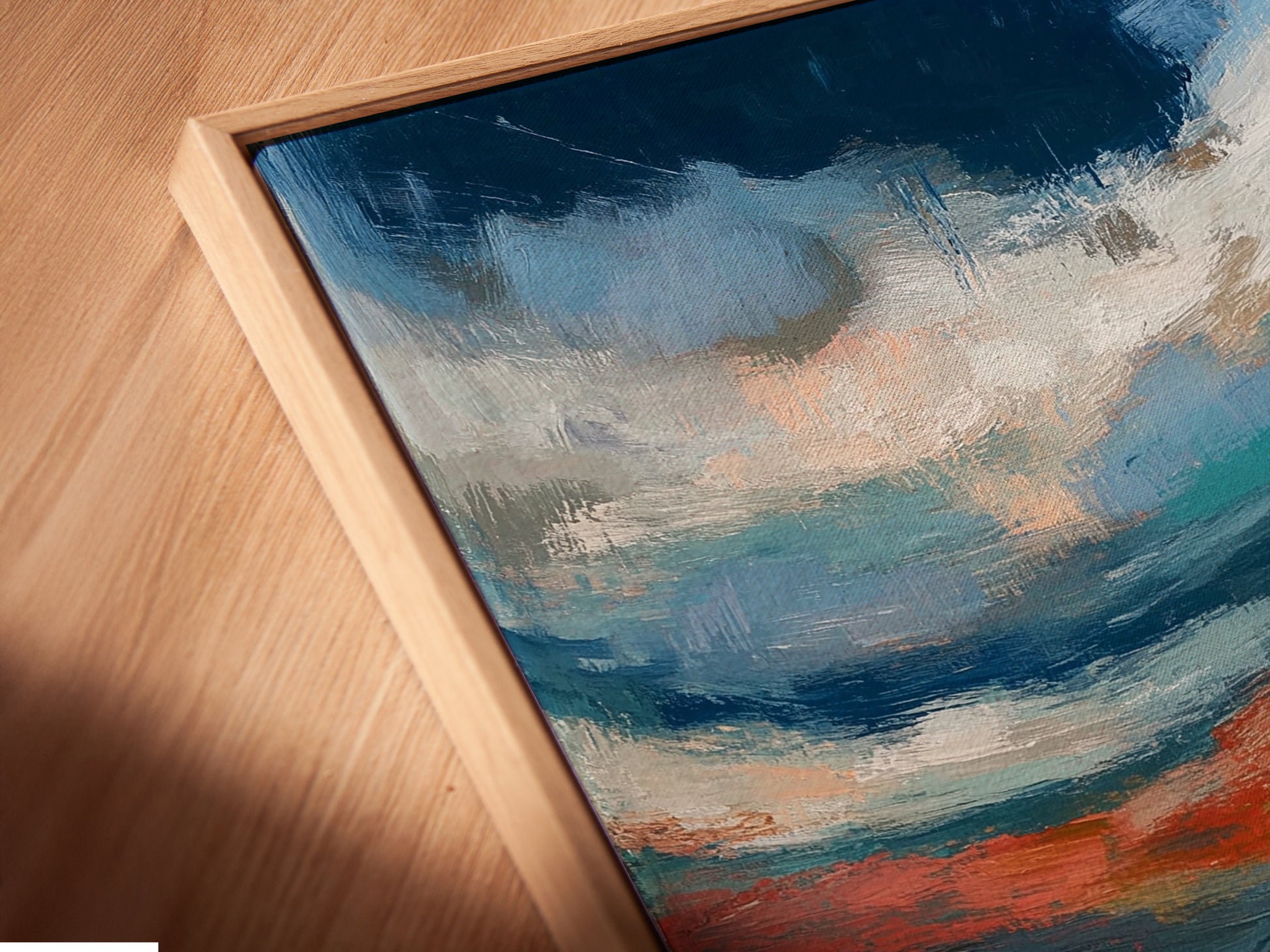 Close-up of a canvas print in a floating frame. The airplane artwork showcases vibrant sky and cloudscape details. This aviation print is perfect for adding a modern touch to any space. It is an ideal gift for aviation professionals.