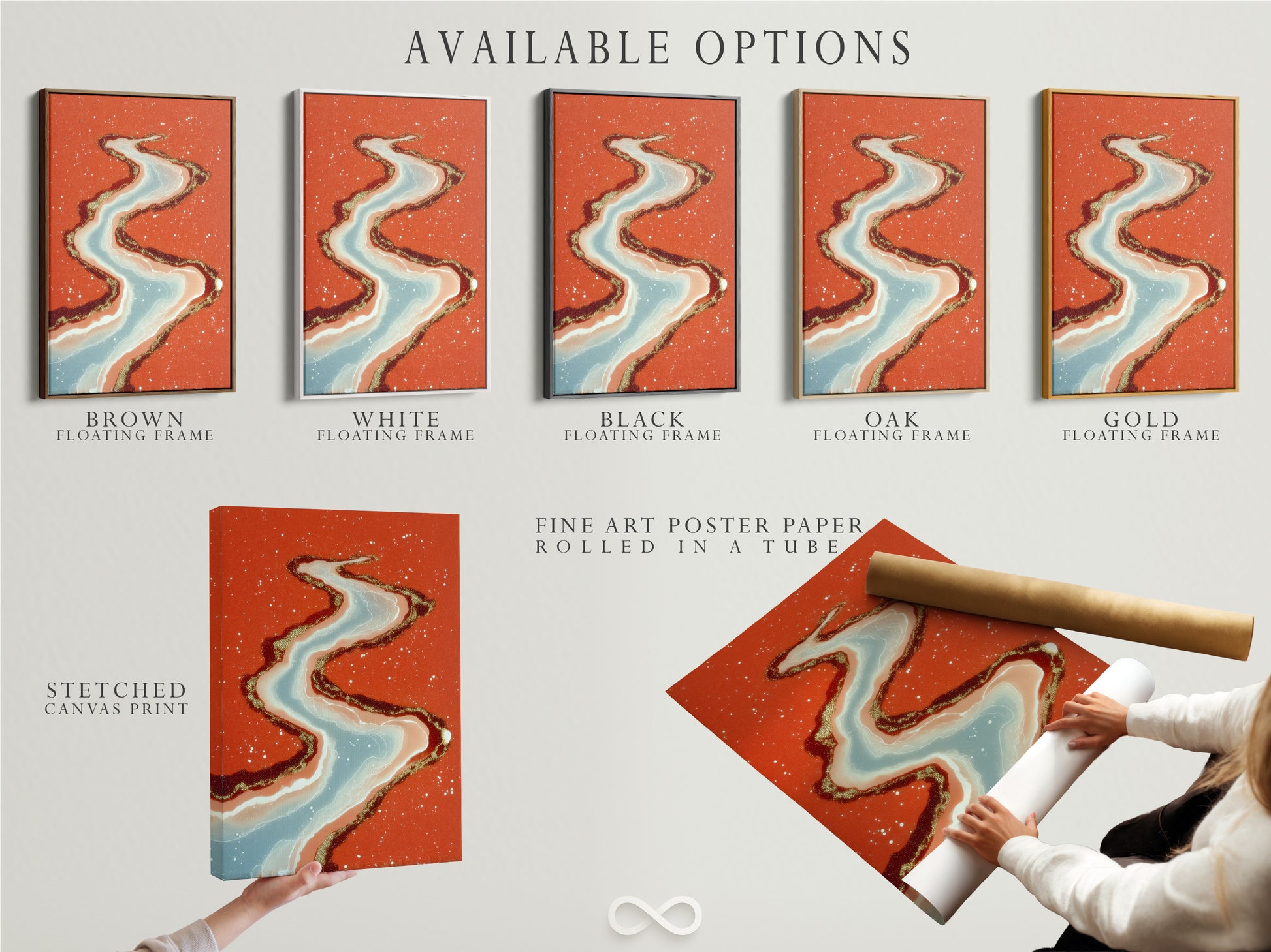 Explore available options for this abstract river art. Choose from a stretched canvas print fine art poster or floating frame. The flowing water artwork in coral orange and teal adds modern style. Find the perfect format to suit your taste and decor needs.
