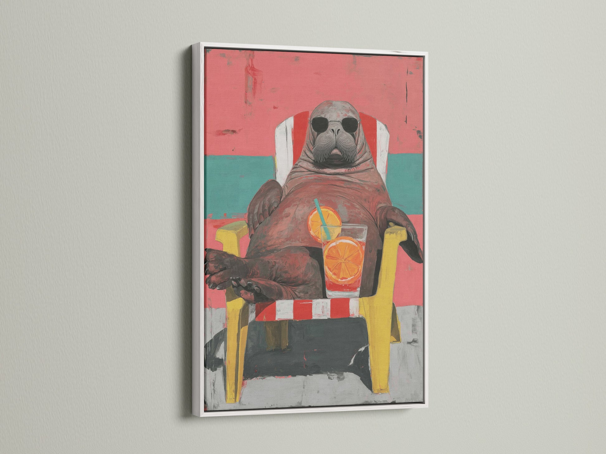 The Walrus Wall Art Print is presented in a white frame. It is a quirky animal art piece adding retro wall art flair. This artwork is ideal for beach house decor bringing summer vibes indoors. The print features coral pink and teal colors. It is a fun choice for coastal wall art.