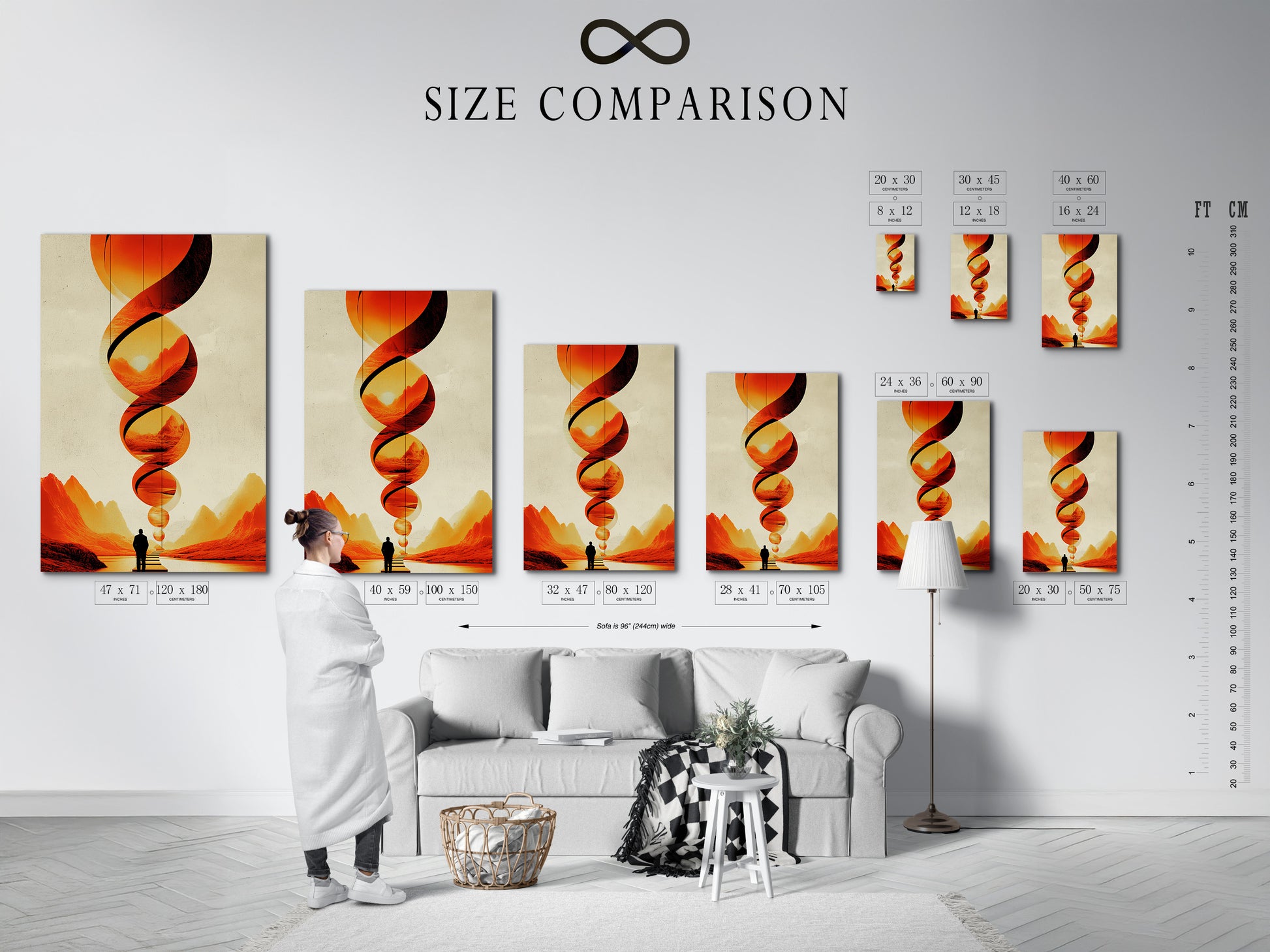 Size comparison chart displayed in an interior setting. The chart shows available sizes for abstract geometric artwork. Options include stretched canvas fine art poster and framed prints. The artwork features orange and red colors. This chart helps visualize the perfect fit. Ideal for homeowners and interior designers. Find the right size for your space.