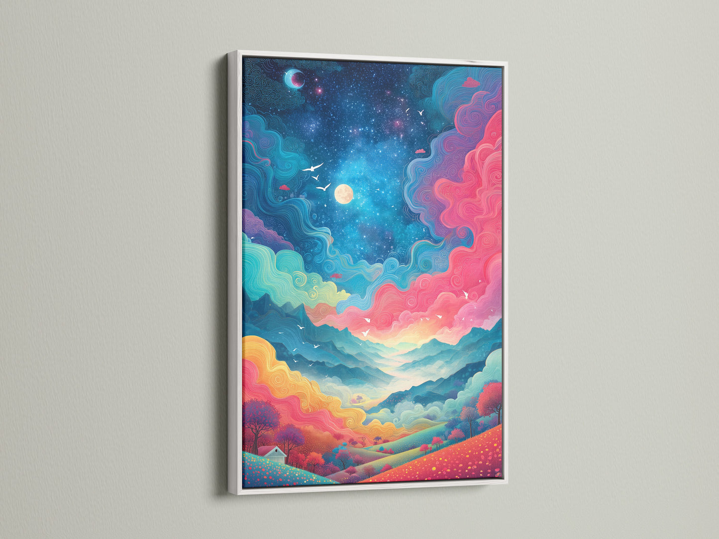 This fantasy landscape artwork is framed in white. The colorful sky wall art enhances any room. The whimsical decor includes pink teal and yellow clouds. This artwork is displayed on a white wall. The white frame complements the vibrant artwork.